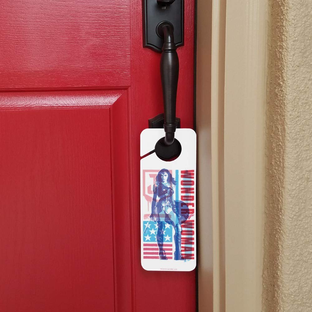 Justice League Movie Wonder Woman USA Flag Plastic Door Knob Hanger Sign - Superhero Home Decor for Bedroom, Office & Comic Book Fan Gifts