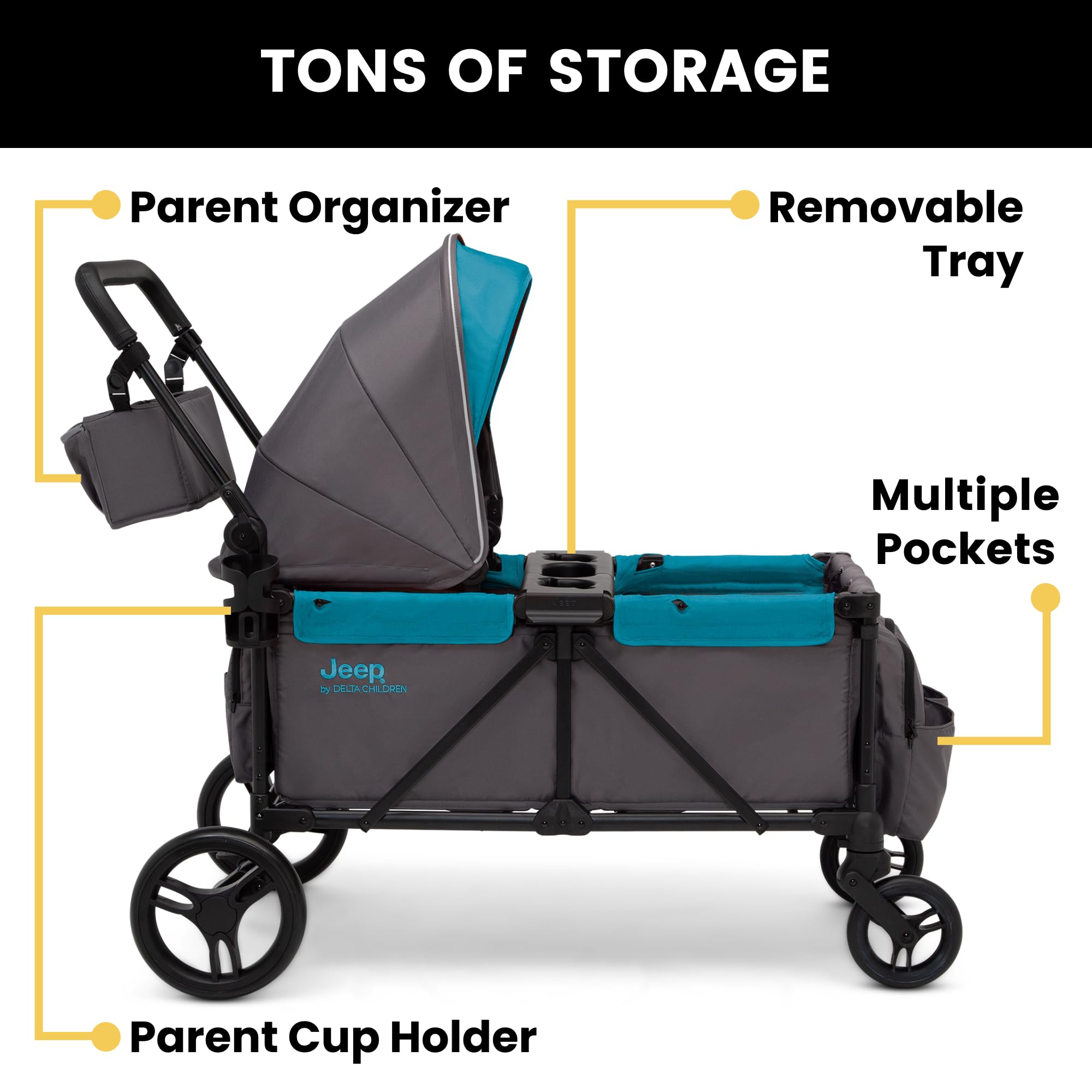 Delta Children Jeep Sport All-Terrain Stroller Wagon with Canopy, Parent Organizer & Snack Tray - Adjustable Handlebar, Cup Holders - Grey/Blue Moon - Perfect for Outdoor Adventures, Beach Trips and Family Outings