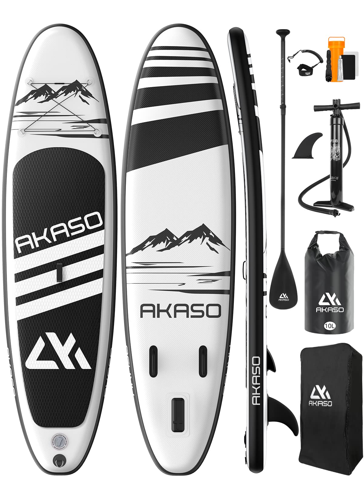 AKASO Inflatable Stand Up Paddle Board with Premium Accessories - Yoga SUP Board Includes Backpack, Non-Slip Deck, Waterproof Bag, Leash, Floating Paddle & Hand Pump (Black) - Perfect for Yoga, Fishing, Surfing & Family Fun on Lakes, Rivers & Oceans