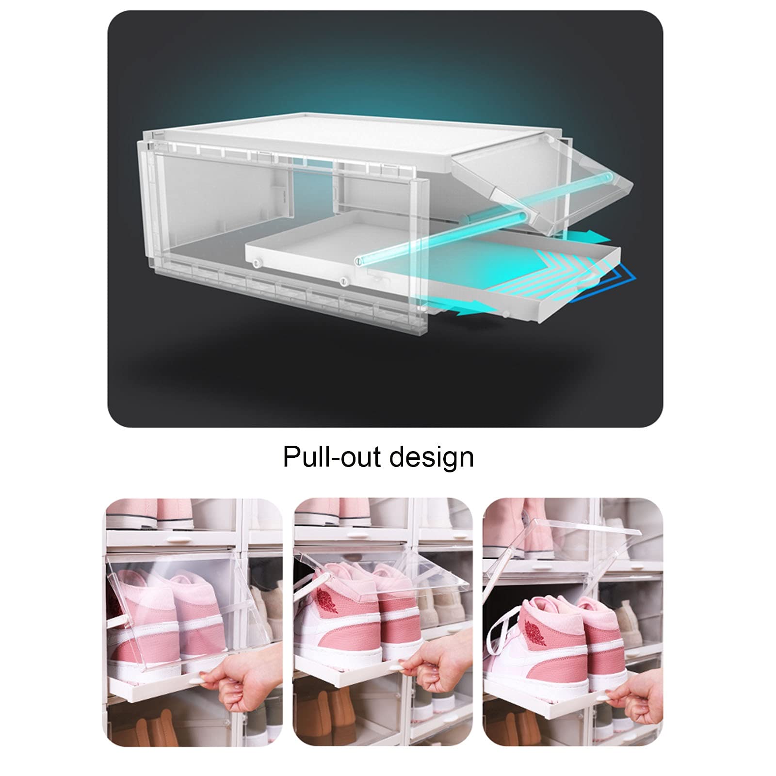 SUNDAY HOME Clear Shoe Boxes with Drawers - 12 Pack Stackable Plastic Shoe Storage Containers | Closet Organizer & Sneaker Display Case (White) - Perfect for Bedroom, Closet, or Entryway Organization
