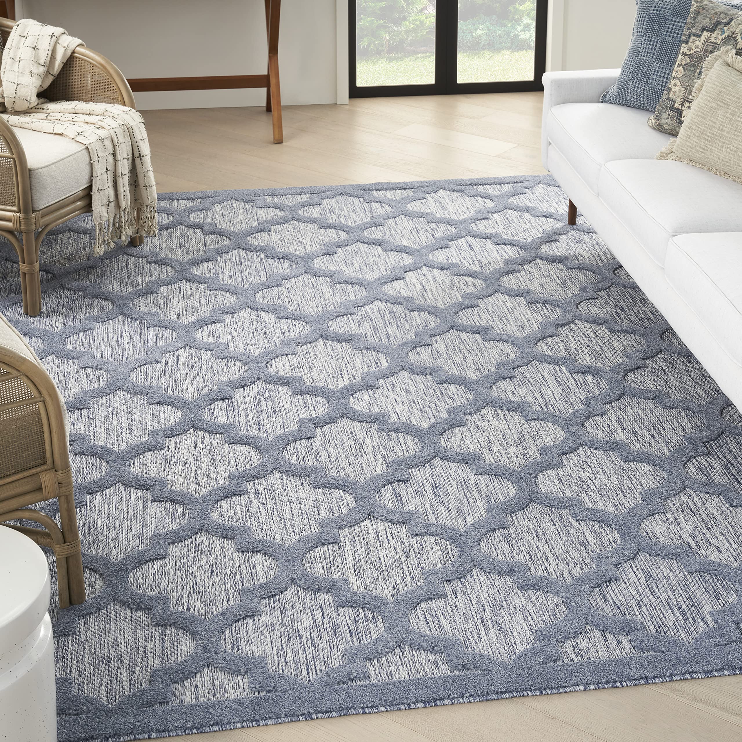 Nourison Easy Care Moroccan Denim Blue 7' x 10' Area Rug - Trellis Pattern, Stain Resistant & Non-Shedding for Easy Cleaning | Perfect for Bedroom, Living Room, Dining Room, Backyard, Deck & Patio Decor (7x10)