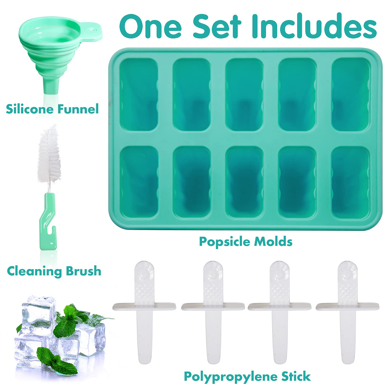 Meajore 10 Cavity BPA Free Silicone Popsicle Molds - Reusable Ice Pop Maker for Homemade Frozen Treats, Perfect for Summer Snacks, Kids Parties & Healthy Desserts (Green)