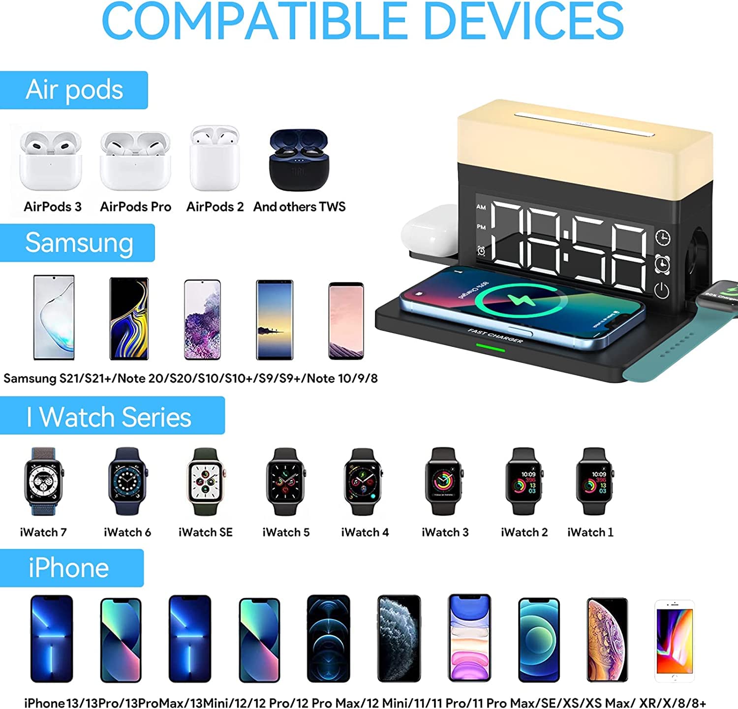 3-in-1 Wireless Charging Station with Alarm Clock & Night Light - 18W Fast Wireless Charger for iPhone 14/13/12/11/XS/8, Samsung Galaxy, AirPods & Apple Watch (Includes Adapter, White) - Perfect for Bedside, Office & Travel Charging