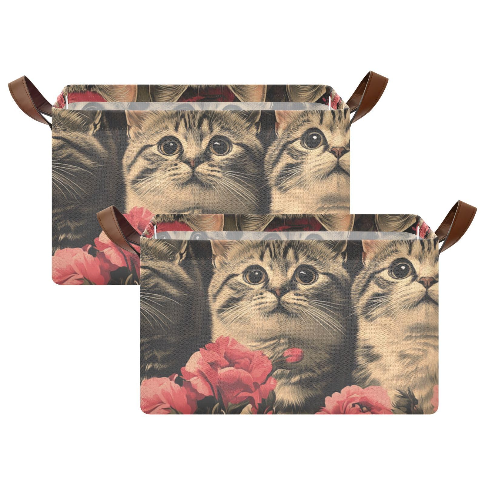 Scottish Fold Cats Peach Fabric Storage Bins with Handles - 2 Pack Organizing Baskets for Shelves, Clothes, Home & Office - Perfect for Bedroom Closet, Kids' Toy Storage & Bathroom Organization