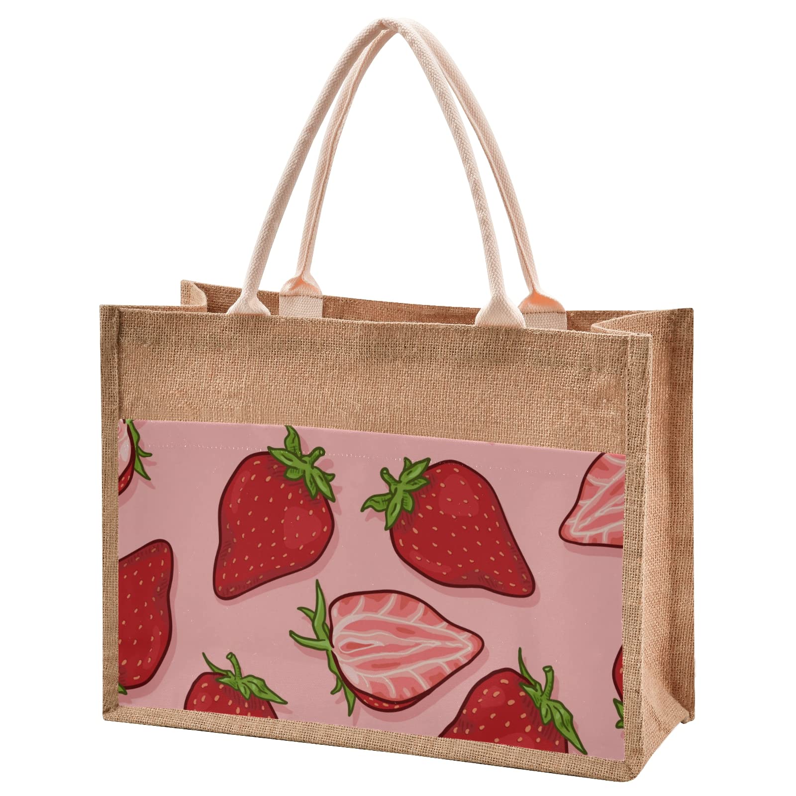 Eco-Friendly Jute Tote Bag with Zippered Pocket - Strawberry Pink Burlap Beach Tote for Women, Bridesmaid Gift, Shopping & Grocery Use