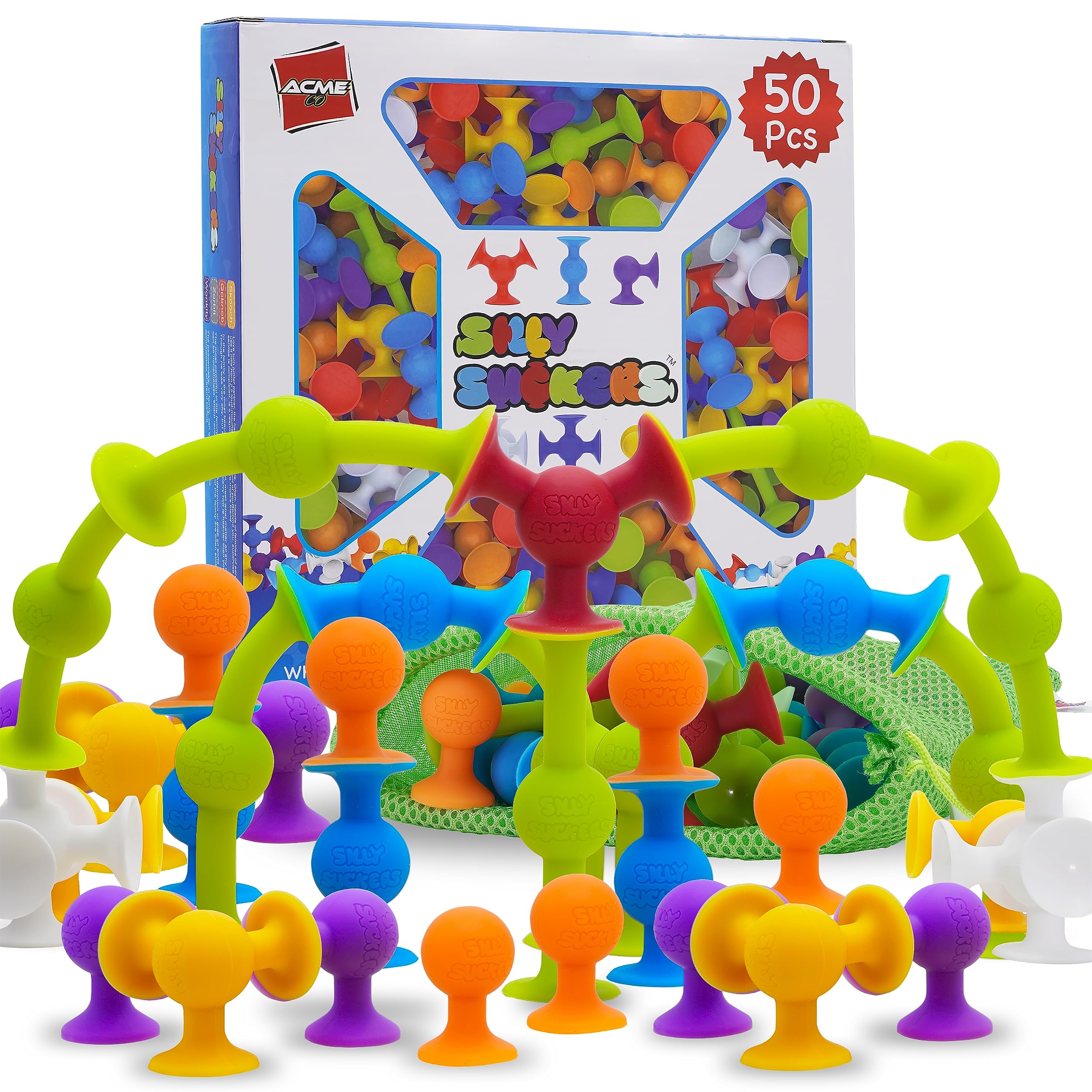 50 Pcs Baby Suction Toys - Fun Sensory Bath Toys for Toddlers, Squigz Building Play Set, Montessori Educational Toys for Kids | Perfect for Bath Time, Sensory Play & Early Learning Development
