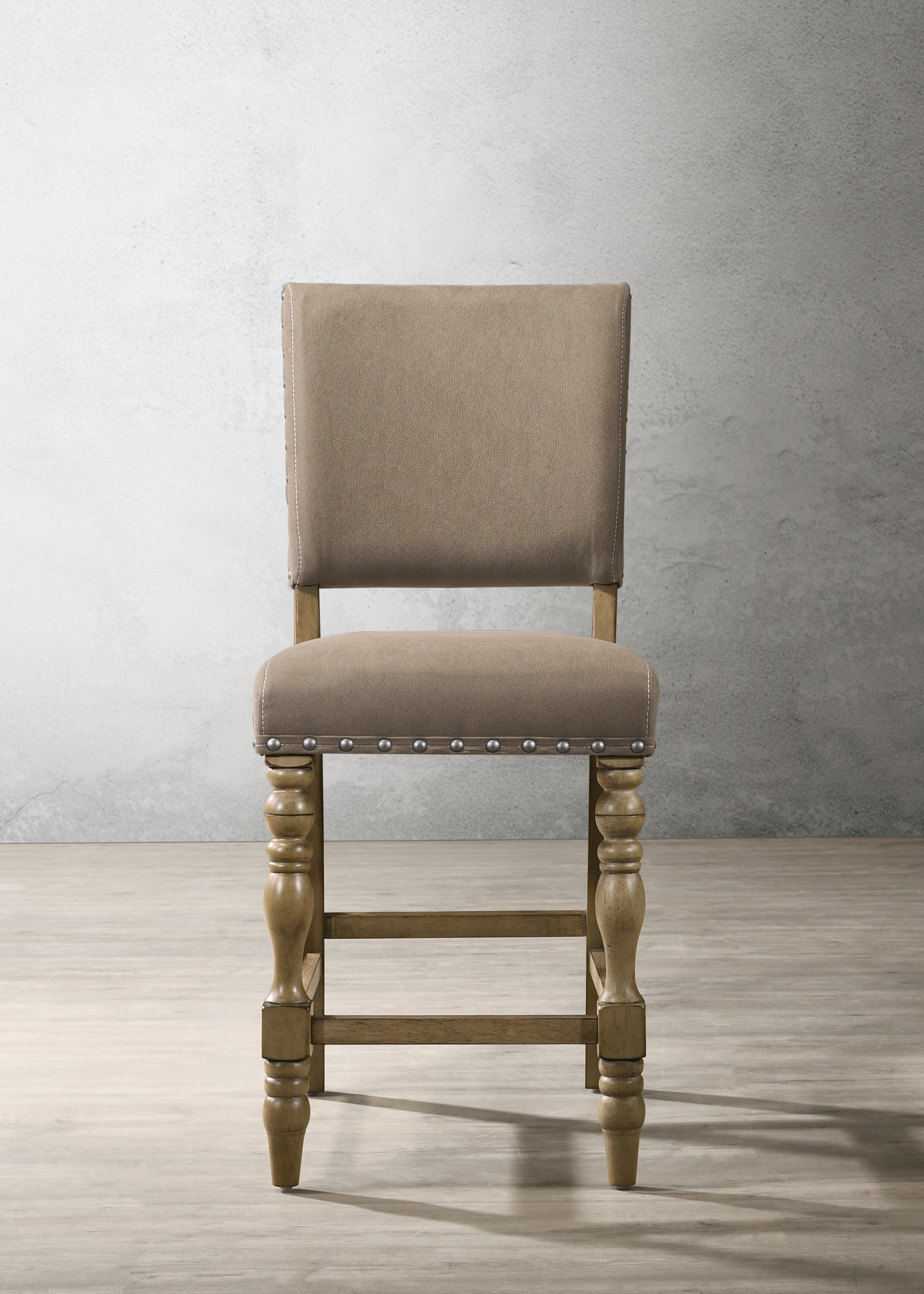 Roundhill Furniture Birmingham Script Printed Driftwood Finish Counter Height Dining Chairs with Nailhead Trim - Set of 2 - Perfect for Kitchen Islands, Breakfast Bars & Small Space Dining