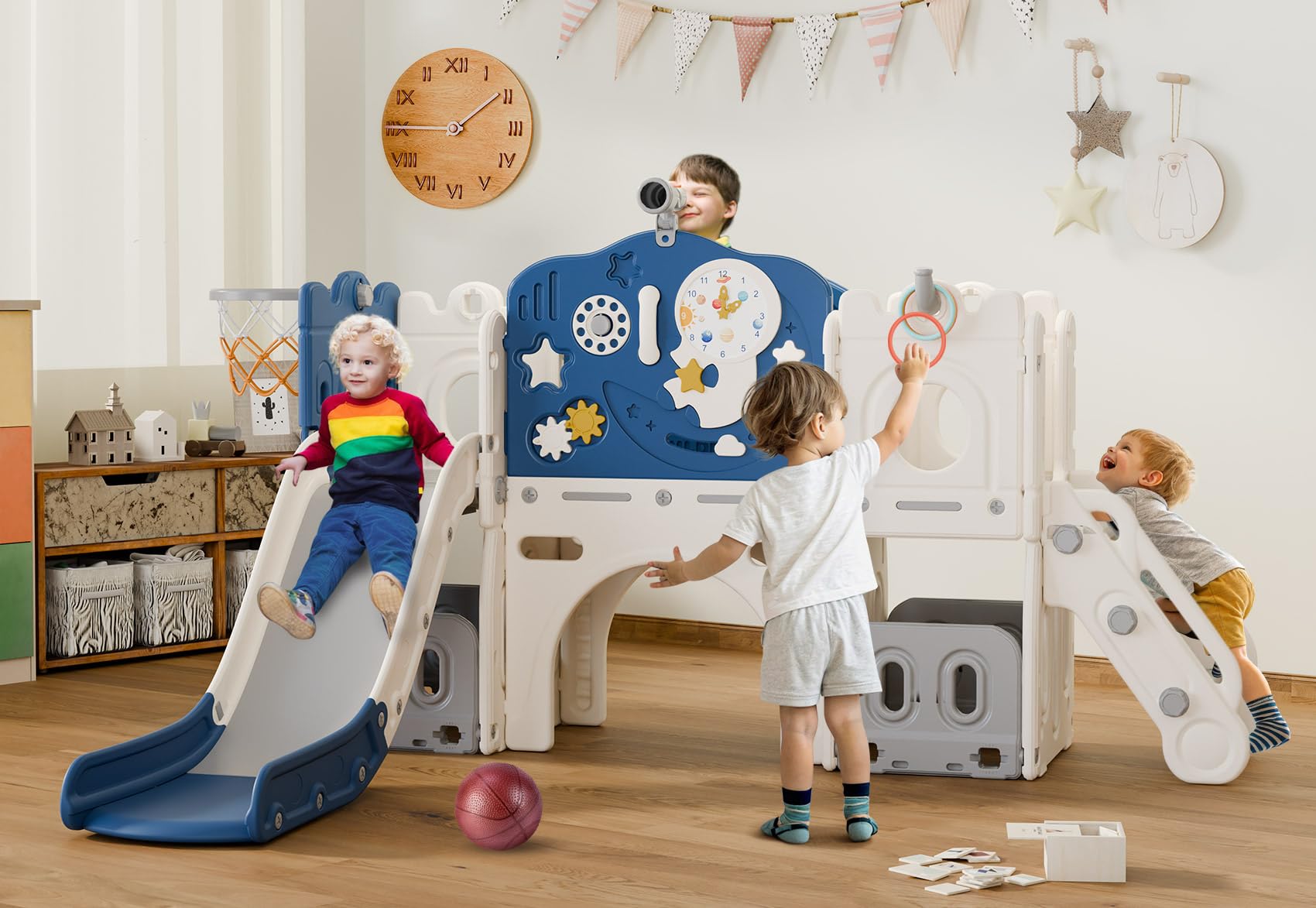 BIERUM 12-in-1 Astronaut Themed Toddler Slide Playset for Kids Ages 1-3 - Interactive Baby Slide with Basketball Hoop, Ring Toss & Space Decor (Blue-Gray) - Perfect for Indoor Playrooms, Backyards & Preschool Activities