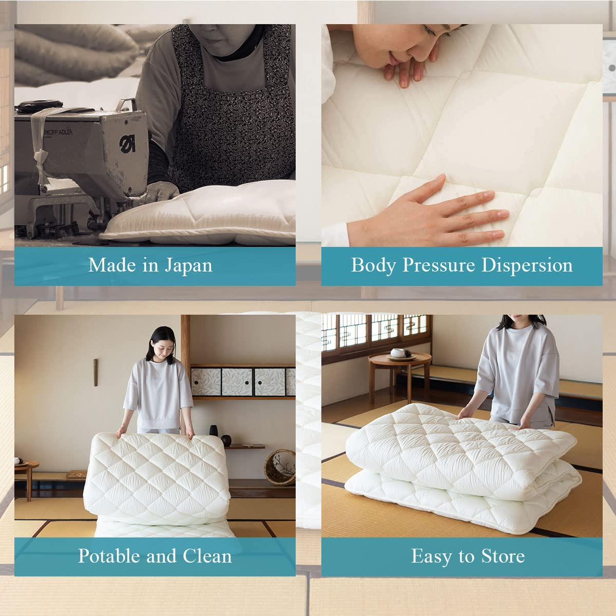 EMOOR Japanese Futon Mattress CLASSE Twin - Foldable Floor Sleeping Bed Tatami Mat | Made in Japan | White Cotton | Perfect for Small Spaces, Guest Rooms & Minimalist Home Decor