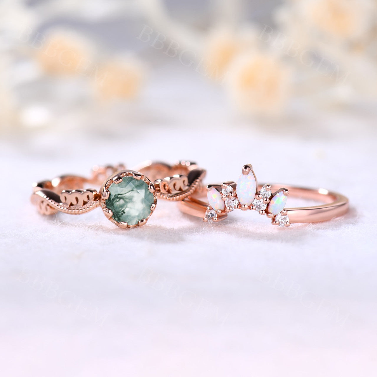 Natural Moss Agate Opal Diamond Engagement Ring Set - Vintage Art Deco Style Wedding Band for Bride - Perfect for Proposals, Anniversaries & Special Occasions