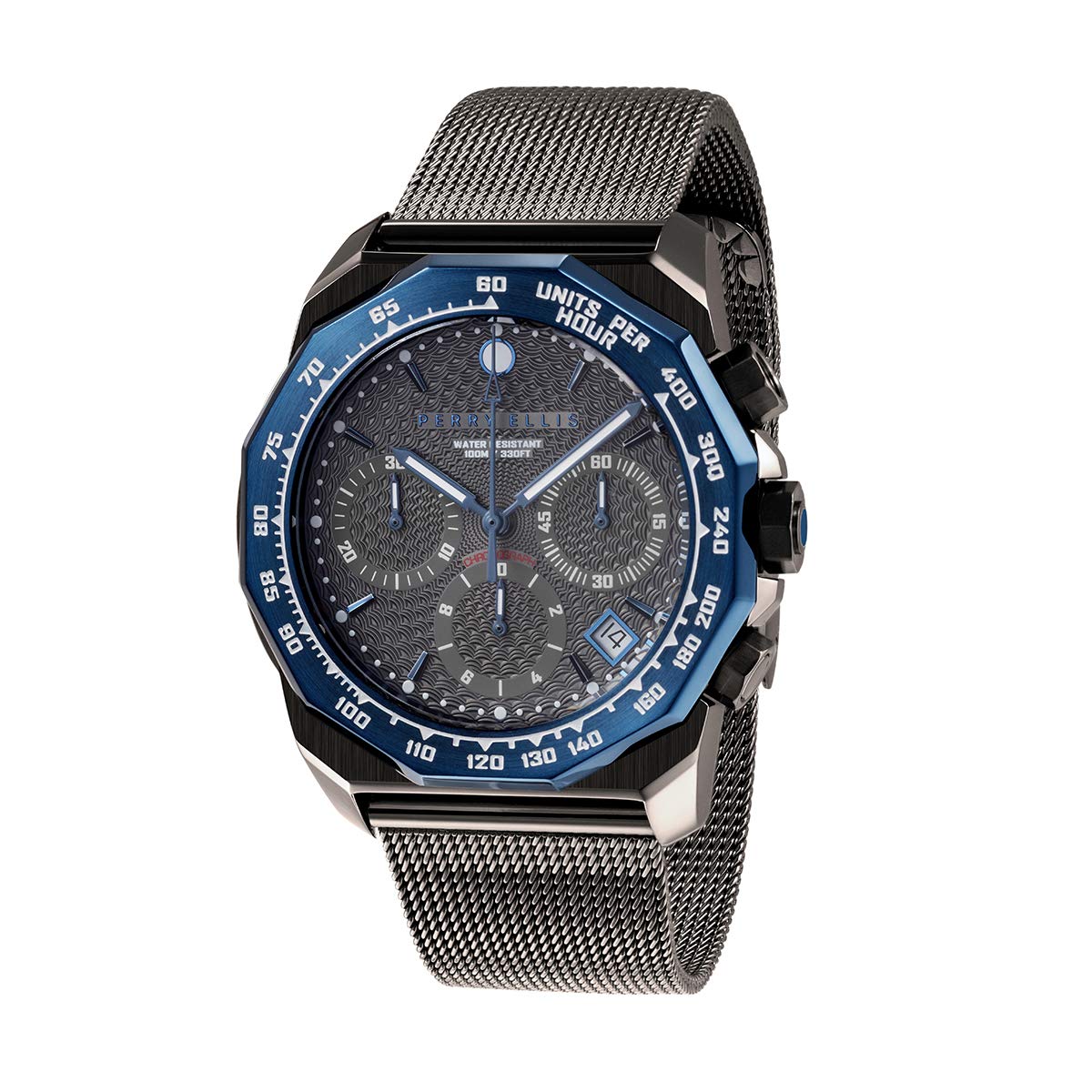 Perry Ellis Men's Chronograph Watch - Waterproof Decagon GT 44mm Swiss Quartz Watch with Stainless Steel Mesh Band - Perfect for Business, Casual Wear & Outdoor Activities