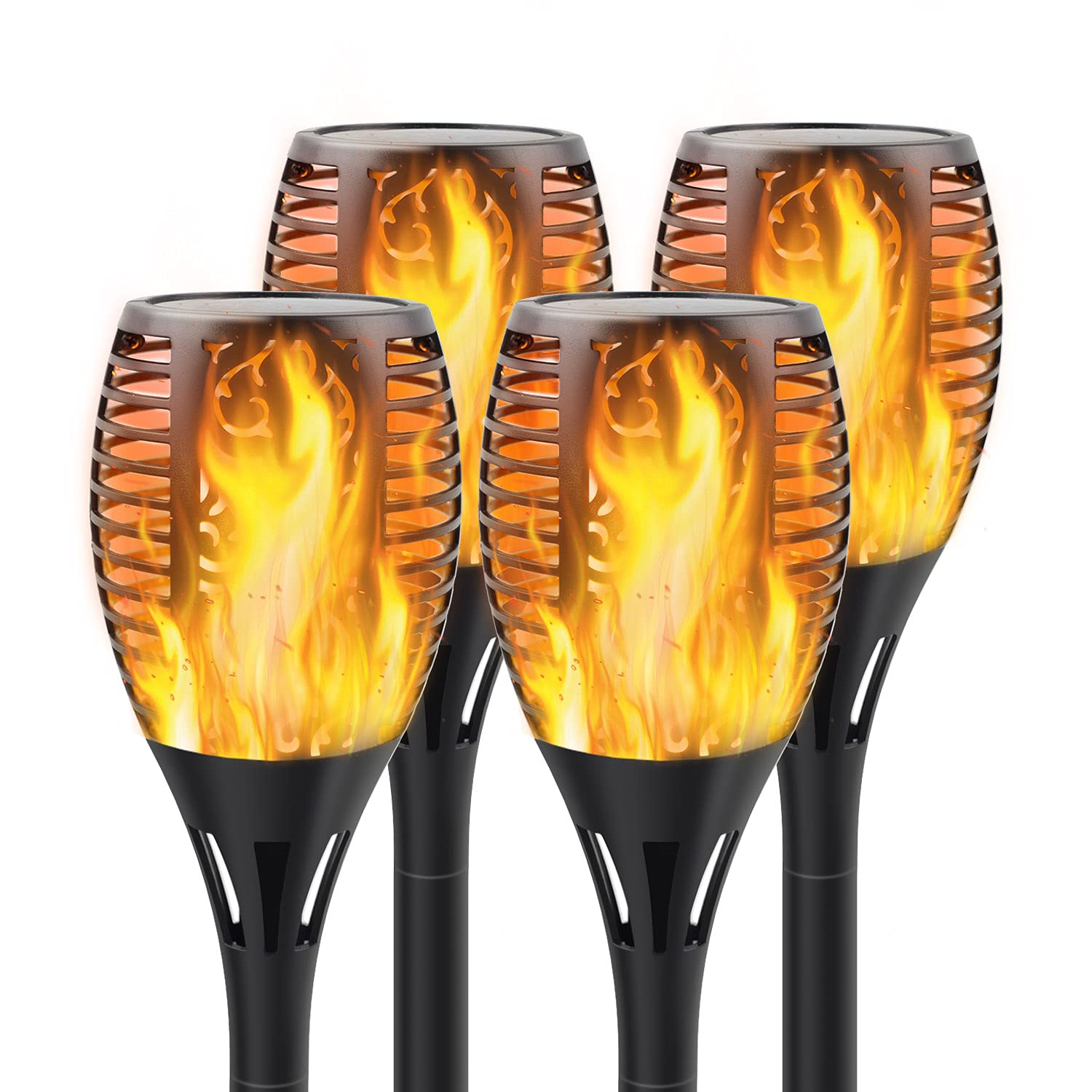 Solar Torch Lights with Flickering Flame Effect - 4 Pack Waterproof Outdoor Garden Lanterns, Auto On/Off Dusk to Dawn Solar Powered Stick Lights for Patio, Driveway, Lawn Decoration & Security Lighting | Perfect for Backyard Parties, Pathway Illumination and Landscape Accent Lighting