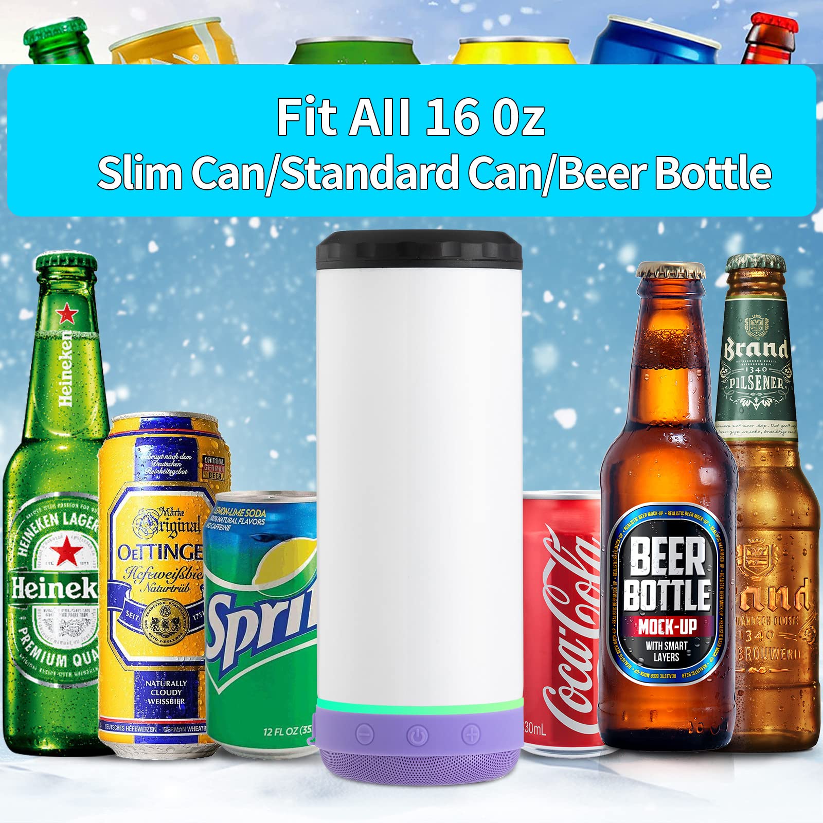 INSTOME 4-in-1 Sublimation Can Cooler with Bluetooth Speaker - 16oz Insulated Music Can Cooler with Detachable LED Light for Beer, Soda & Cocktails - Perfect for Summer Beach Parties, Poolside Drinks & Outdoor BBQs (Purple)