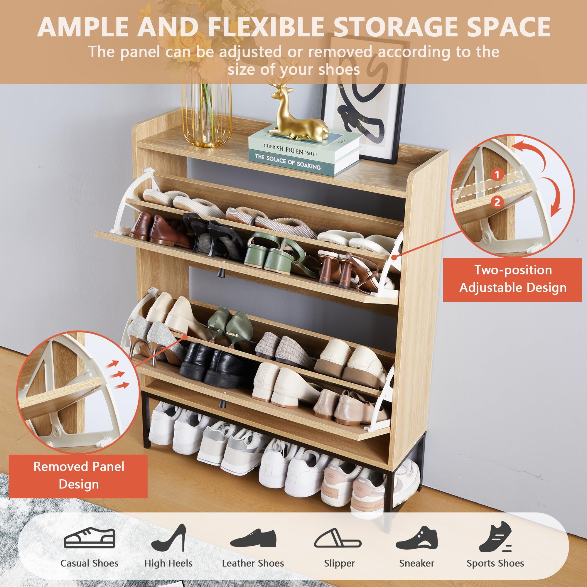 LEVNARY Wooden Shoe Storage Cabinet with 2 Flip Drawers - Narrow Freestanding Shoe Rack Organizer for Entryway & Hallway - Natural Oak Finish with Sturdy Metal Legs - Perfect for Small Spaces, Apartment Living & Closet Organization
