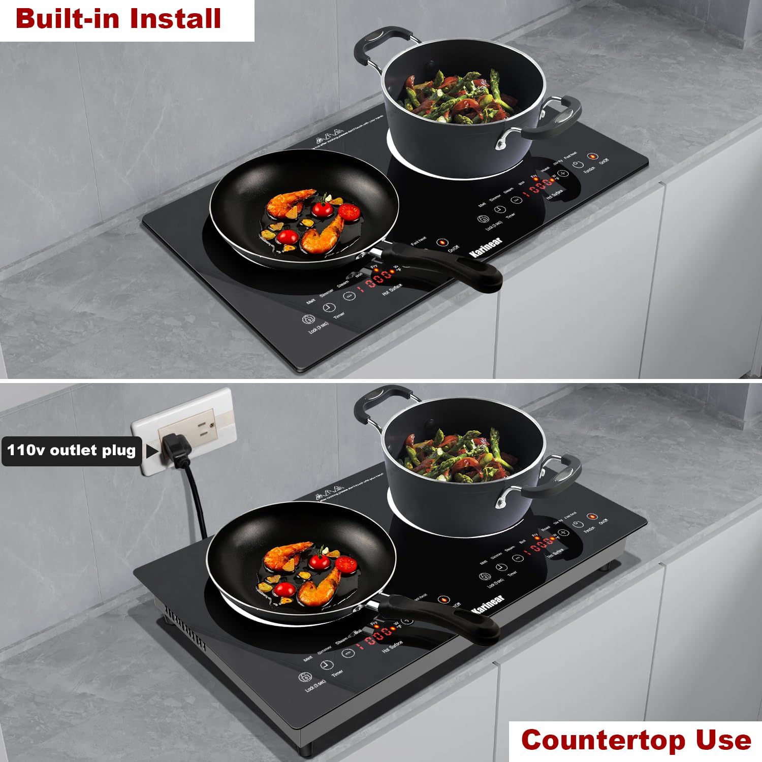 Karinear 24 Inch 2 Burner Electric Cooktop - 110V-120V Built-in or Countertop Stove with Touch Controls, Child Safety Lock, Timer & Outlet Plug - Perfect for Small Kitchens, Apartments & RVs (White)