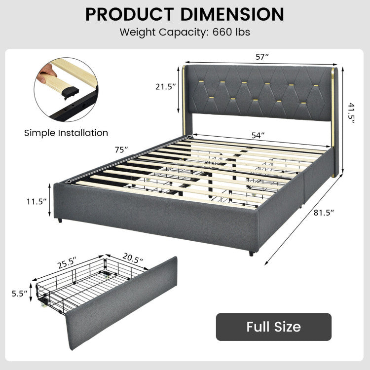 Costway Full Size Bed Frame with Linen Upholstery, 4 Storage Drawers & High Headboard - Modern Platform Bed for Small Spaces, Guest Rooms & Dormitories