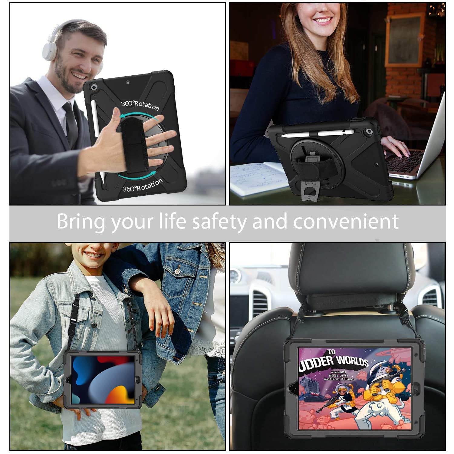 Shockproof iPad Case for iPad 9th/8th/7th Generation (10.2 Inch 2021/2020/2019) - Heavy Duty Protective Cover with Rotating Stand, Hand Strap, Shoulder Strap & Pencil Holder - Perfect for Travel, Work & Outdoor Use - Black