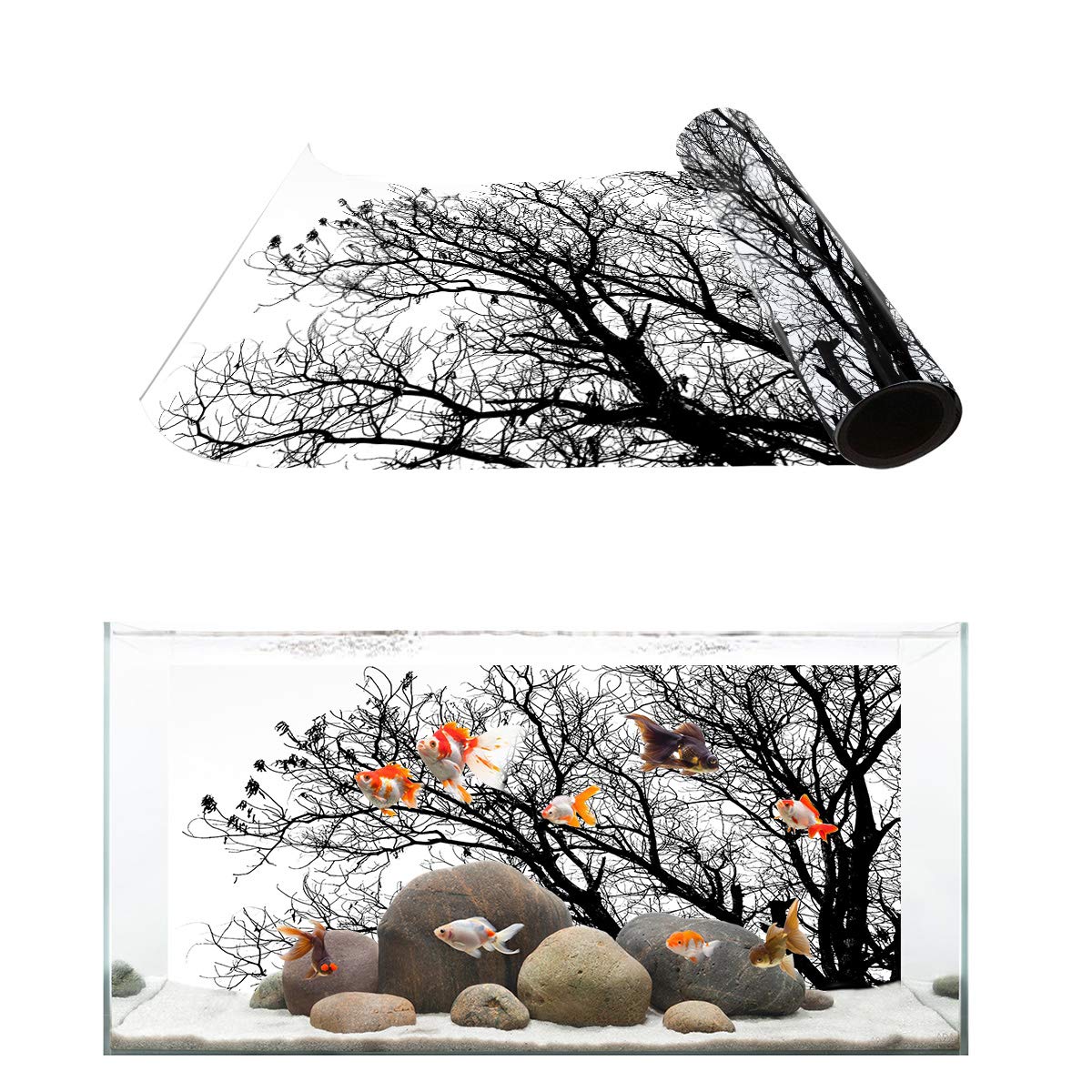 Premium Aquarium Background Decor - Black & White Tree Pattern PVC Fish Tank Sticker Wallpaper | 36.4