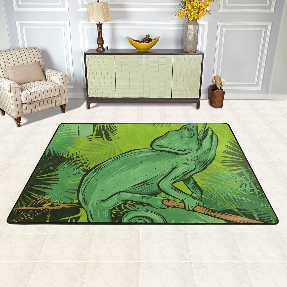 Non-Slip Indoor/Outdoor Area Rug with Tropical Leaf Pattern - CENHOME Chameleon Branch Design Floor Mat for Entryway, Living Room, Patio & Home Decor