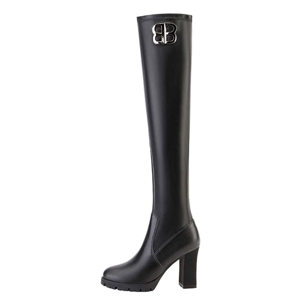 Women's Stretchy Leather Over The Knee Boots - Chunky Heel Thigh High Riding Boots for Work, Dress & Party | Comfortable Pull On High Heels for Women
