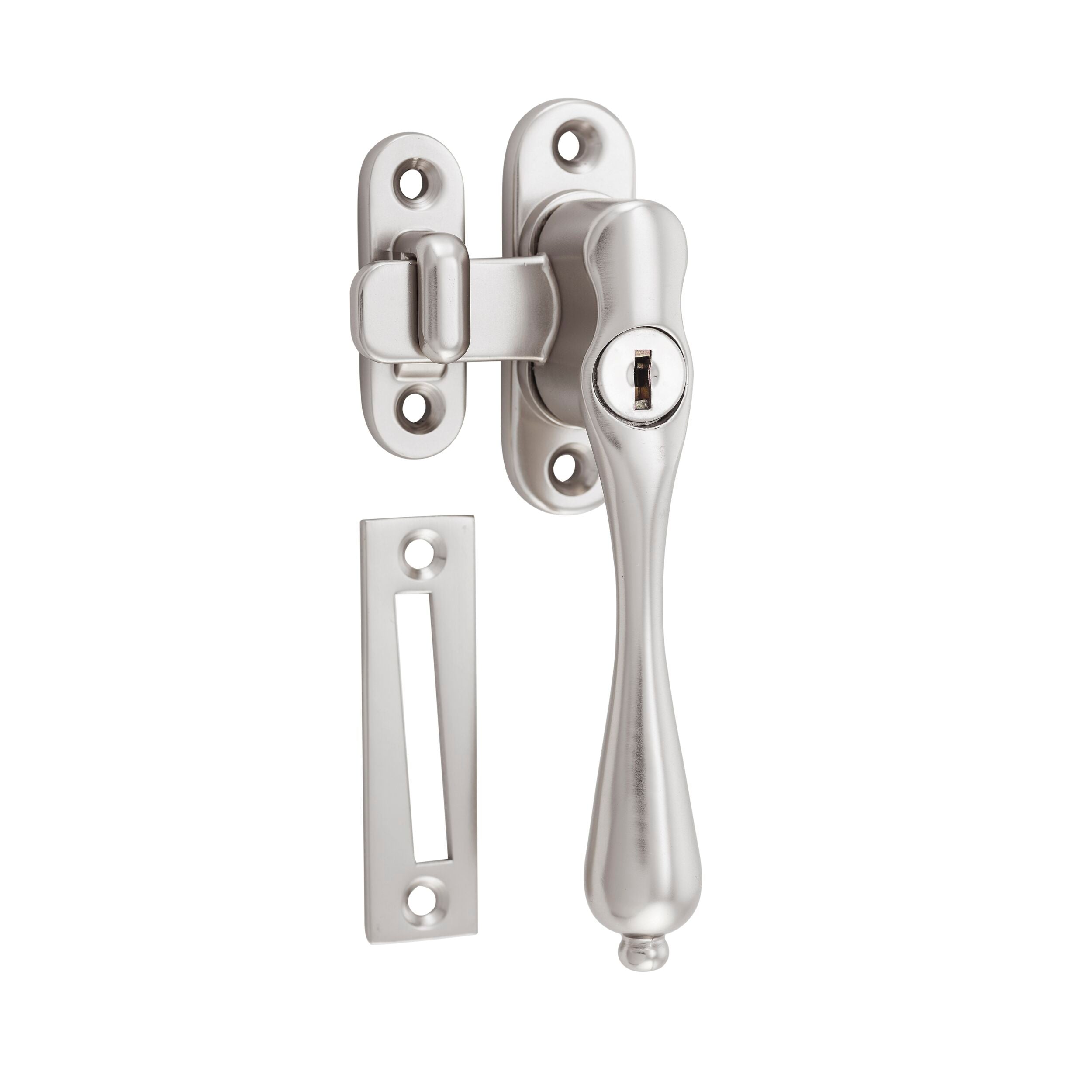 9805 Casement Window Fastener Lock - Right Hand Satin Nickel Finish, 28x34mm Size, 115mm Drop - Secure Your Windows for Home & Office Safety