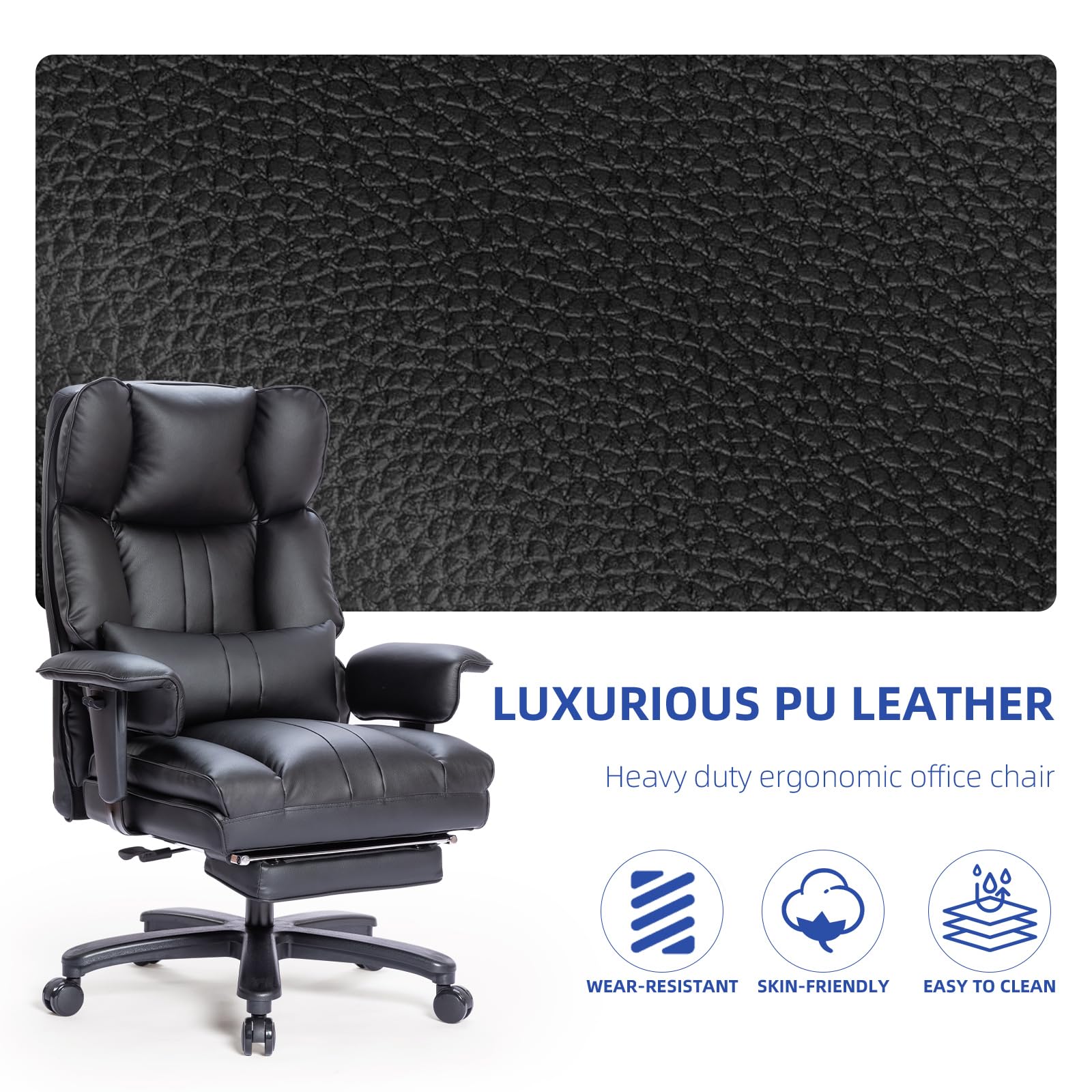 Big and Tall Office Chair for Heavy People - 500lbs Capacity, Wide Seat Executive Desk Chair with High Back, Foot Rest & Ergonomic Lumbar Support - Premium Computer Task Chair for Large Men (Black) - Perfect for Home Office, Gaming Setup, and Long Work Sessions