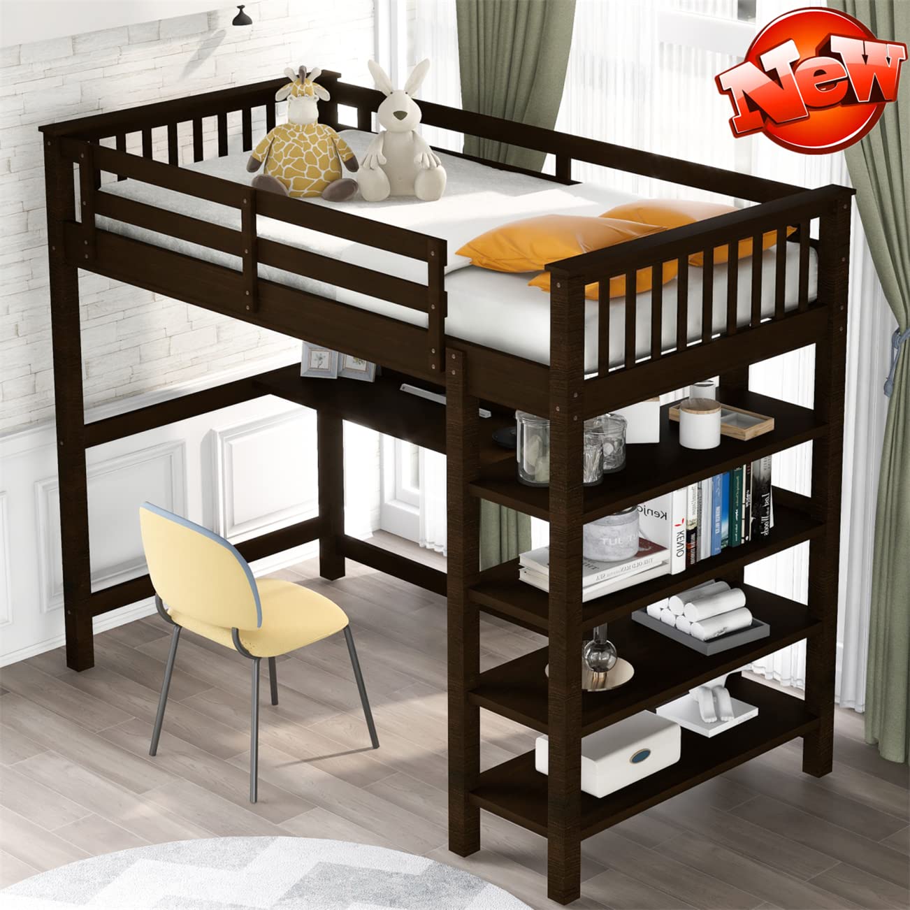 Upgraded Solid Wood Loft Bed with Desk & Storage Shelves - Twin Size Espresso - Sturdy Study Loft Bed for Kids, Teens & Adults - Easy Assembly - Perfect for Small Bedrooms, Dorms & Studio Apartments