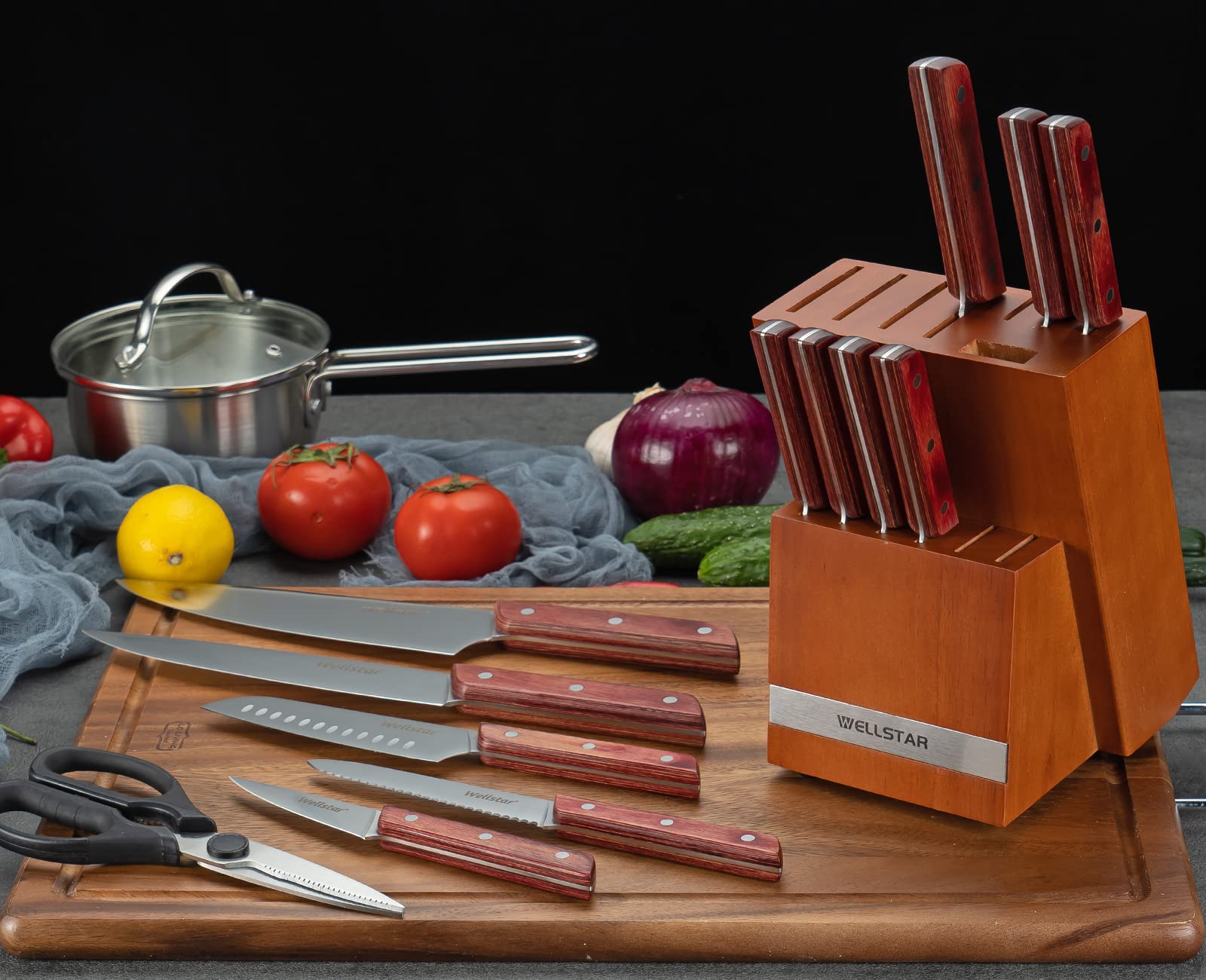 WELLSTAR 14-Slot Natural Wood Knife Block Holder - Hardwood Countertop Knife Storage Organizer (Brown) - Perfect for Kitchen Countertops, Chef's Knives & Cutlery Organization