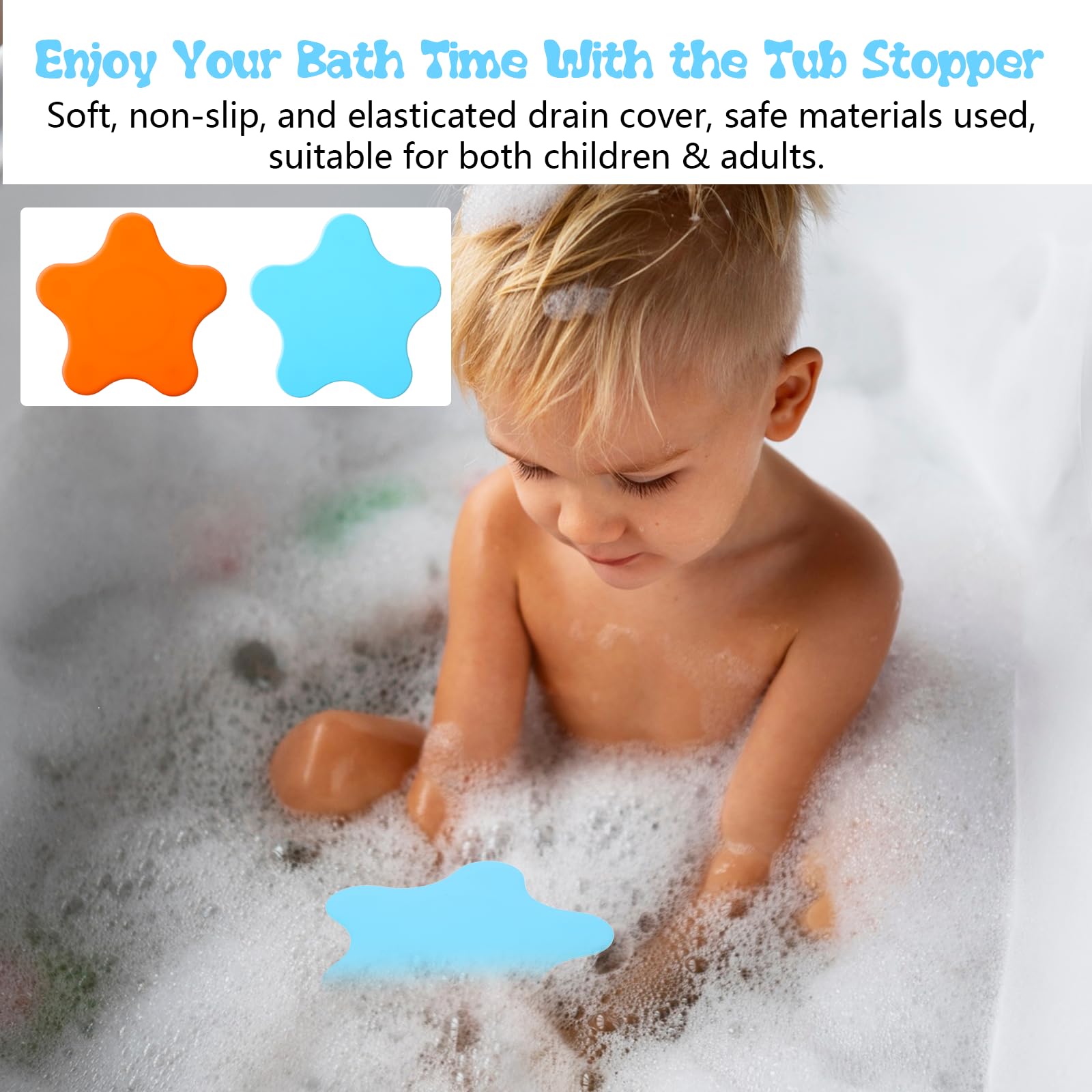 Molain 2 Pack Silicone Bathtub Drain Stopper - Hair Catcher & Flat Suction Cover for Kitchen, Bathroom & Laundry (Blue & Orange) - Perfect for Bath, Sink & Shower Drain Protection