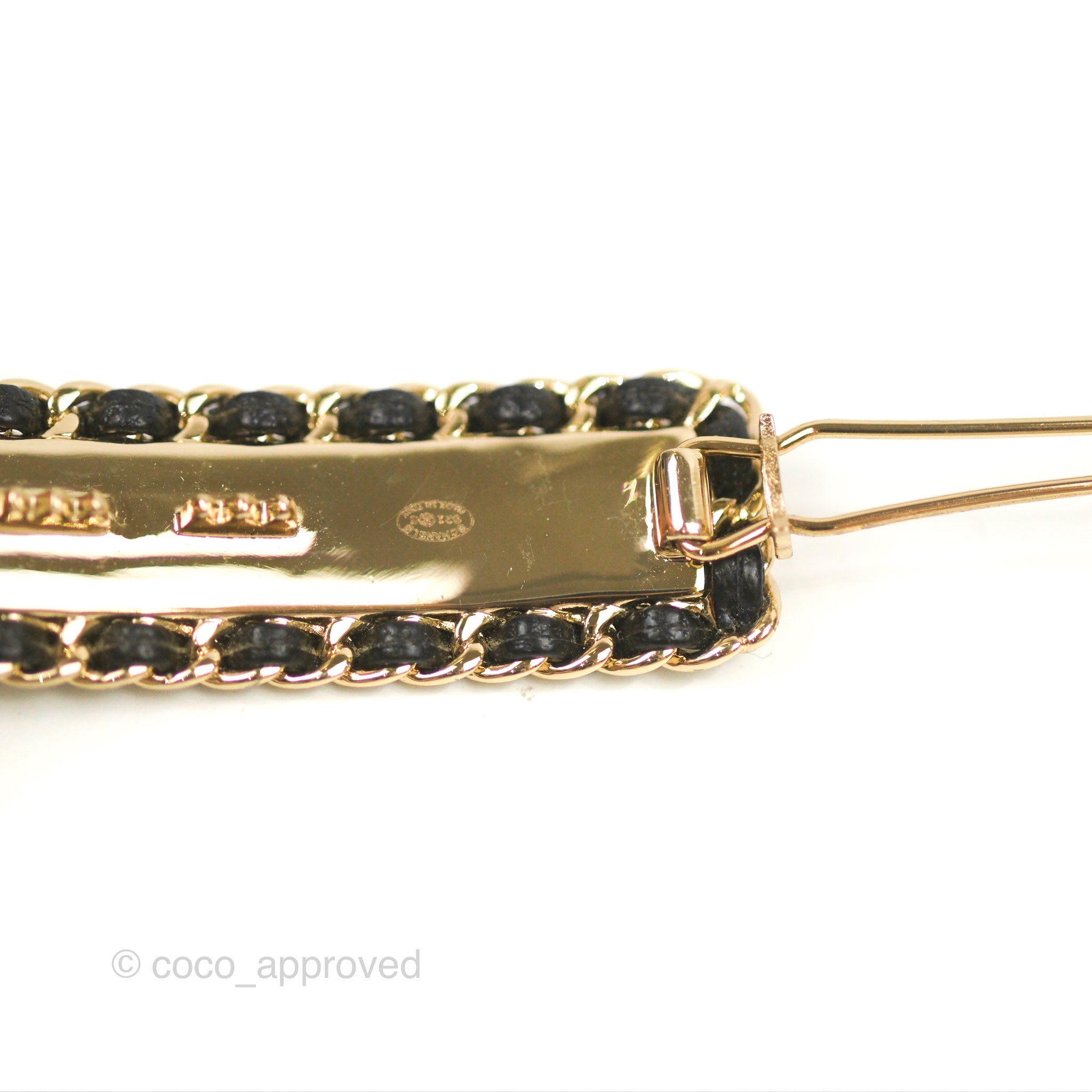 Chanel CC Logo Black Leather Hair Clip with Gold Tone - Elegant Hair Accessory for Women, Perfect for Parties, Weddings & Everyday Style
