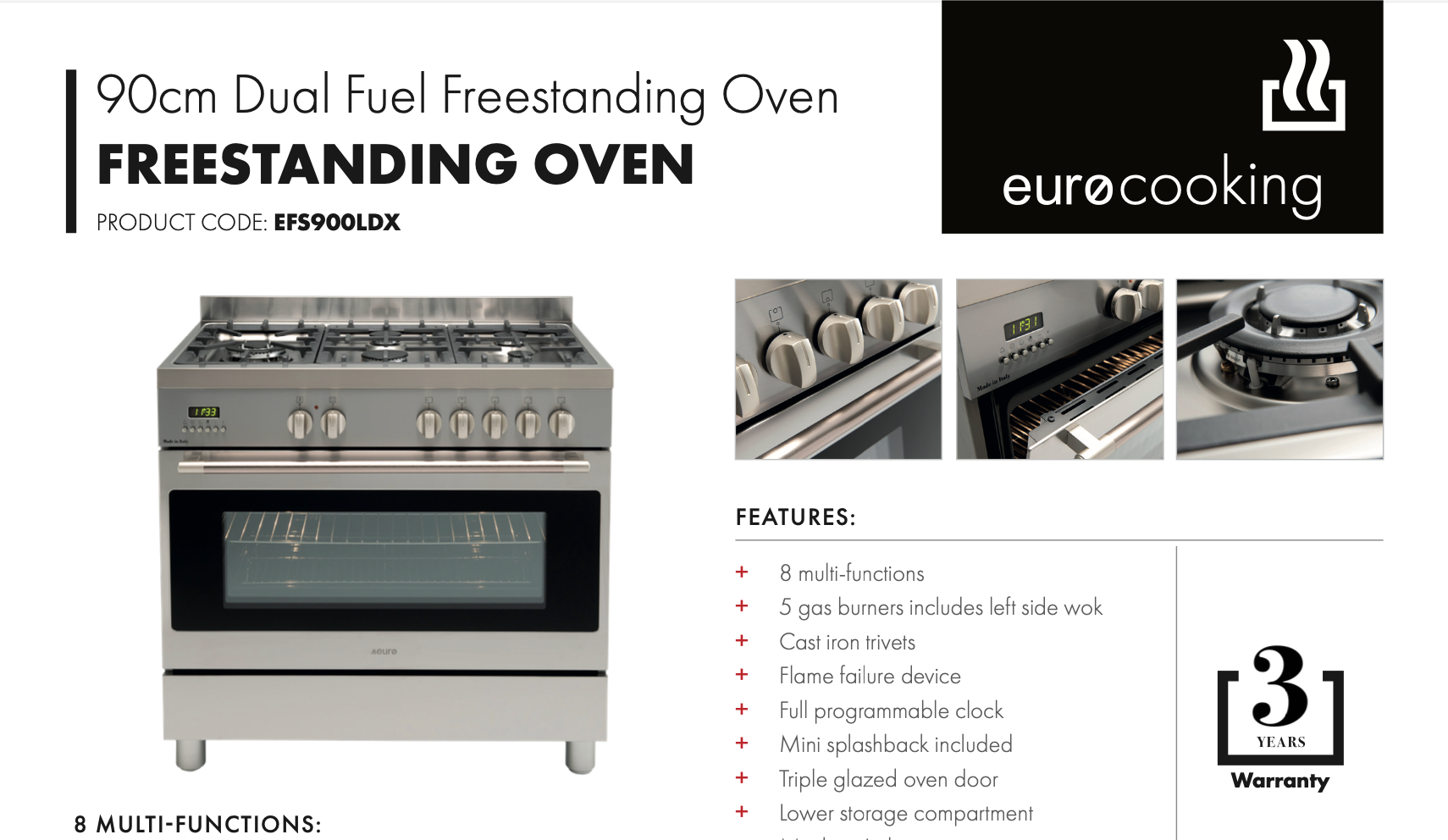 Euro Appliances EFS900LDX 90cm Freestanding Dual Fuel Range - Italian Made Stainless Steel Oven & Gas Stove for Modern Kitchens | Perfect for Baking, Roasting & Family Cooking