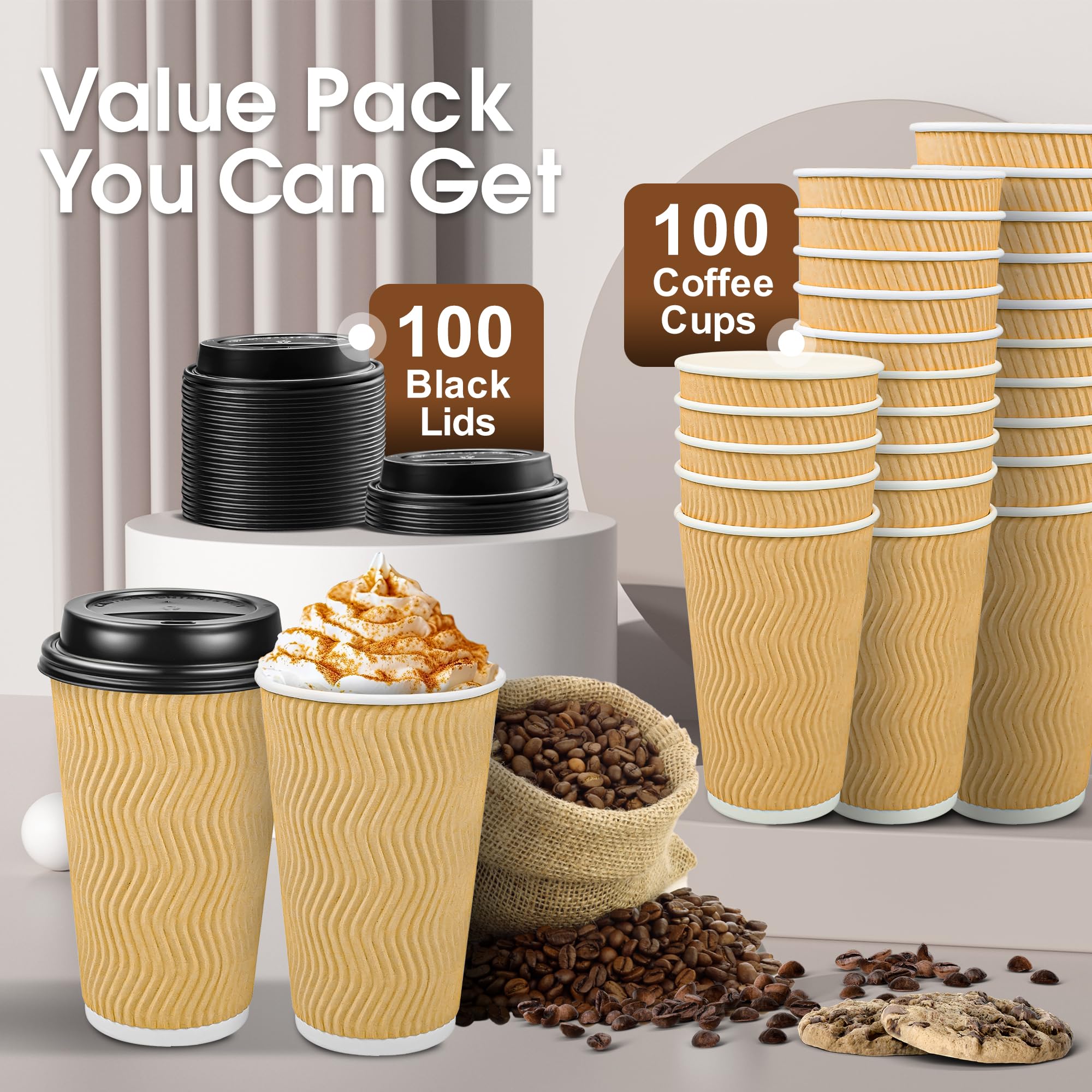 100 Pack 16 oz Disposable Coffee Cups with Lids - Insulated Ripple Wall Paper Cups for Hot & Cold Drinks | Perfect for Parties, Home Use, Travel & Office | Eco-Friendly Beige To-Go Cups