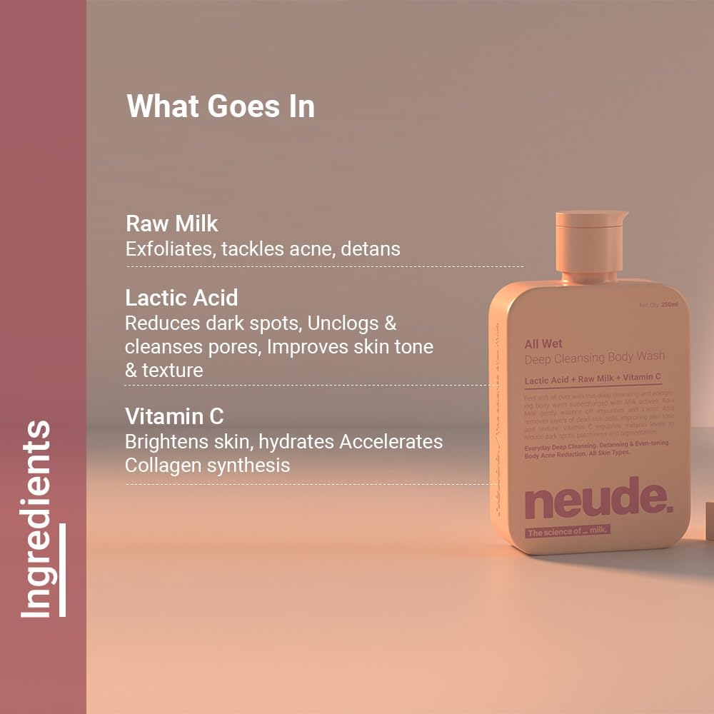 Neude All Wet 250ml De-Tan Body Wash with Milk, Lactic Acid & Vitamin C - Skin Brightening, Dark Spot & Pigmentation Reduction Shower Gel - Deep Cleansing for Dryness & Body Acne Prevention - For Men & Women - Perfect for Daily Skincare & Post-Sun Care Routine