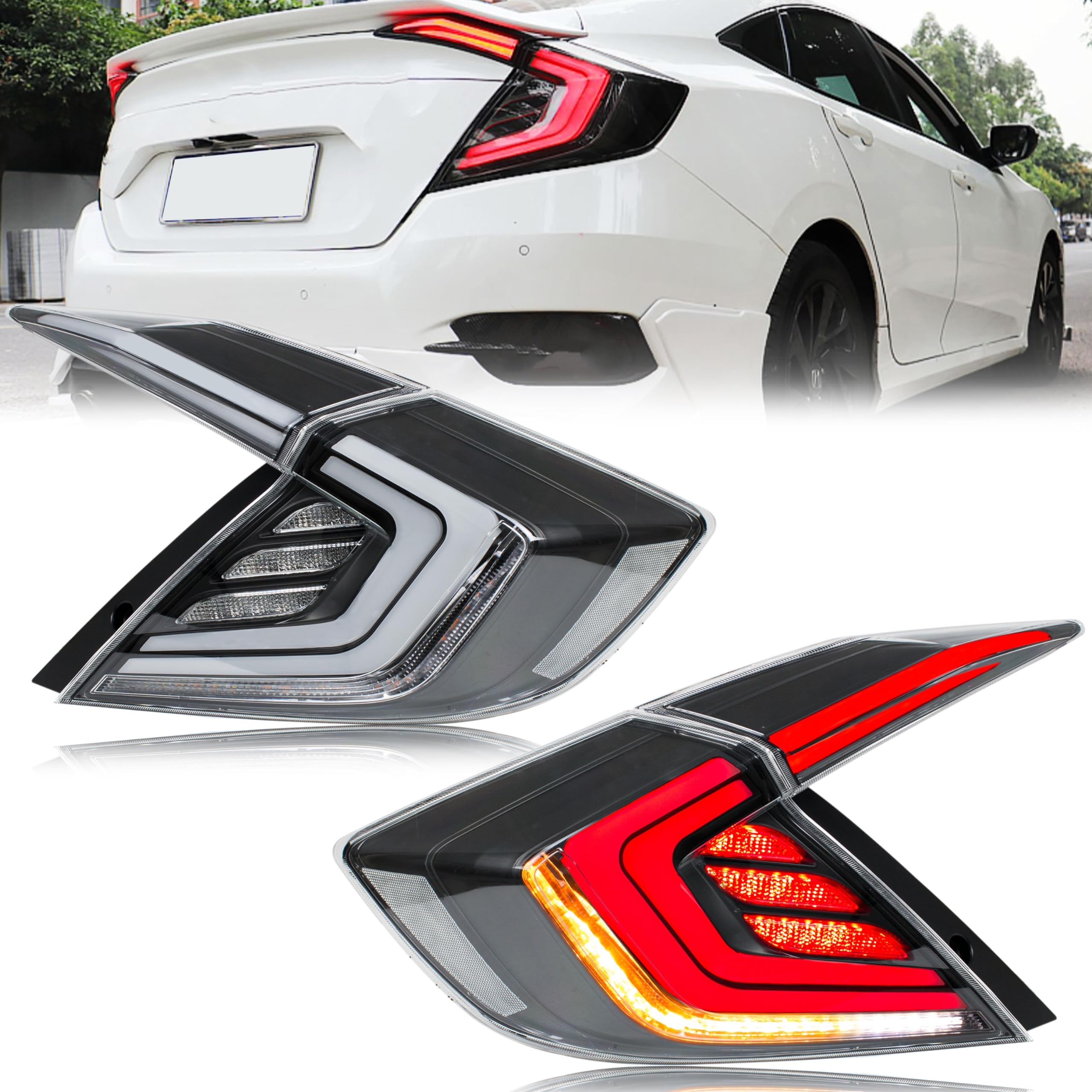 2016-2021 Honda Civic 10th Gen Sedan LED Tail Lights with DRL & Start-Up Animation | Flashing Brake Lights | Not for Hatchback | Upgrade Your Night Driving Safety & Style
