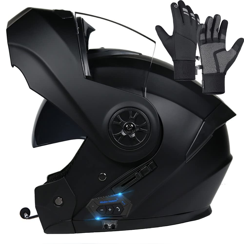 Modular Bluetooth Motorcycle Helmet with Anti-Fog Double Visor - DOT Approved Full Face Flip Up Design with Built-in Speaker & Mic for Hands-Free Calling - Includes Free Warm Gloves (Size 55-64cm) - Perfect for Long Rides, Commuting & Adventure Touring