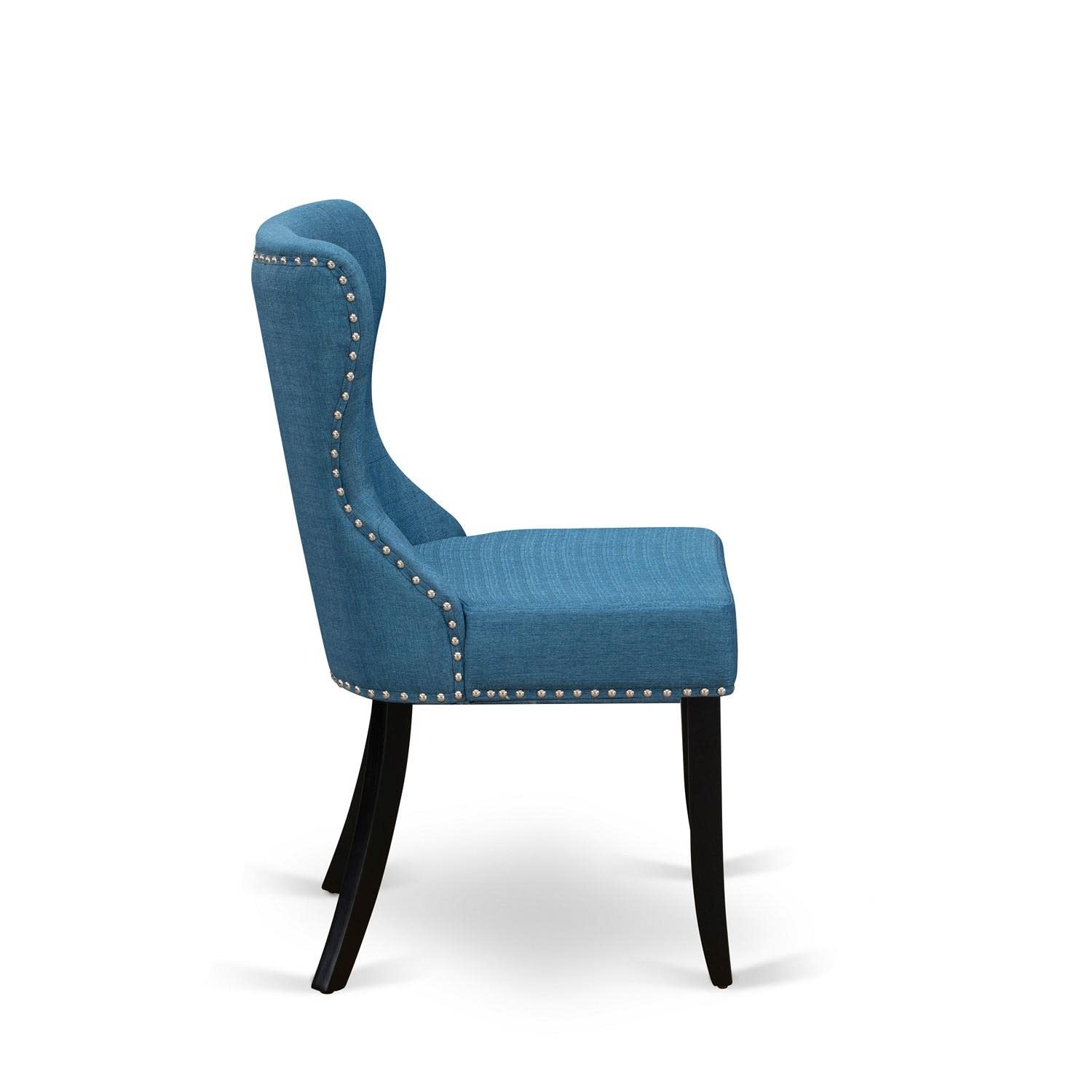 East West Furniture Sion Parson Dining Room Chairs - Set of 2 Blue Linen Upholstered Button Tufted Chairs with Nailhead Trim, Black | Elegant Dining Room Seating for Home & Restaurant Use