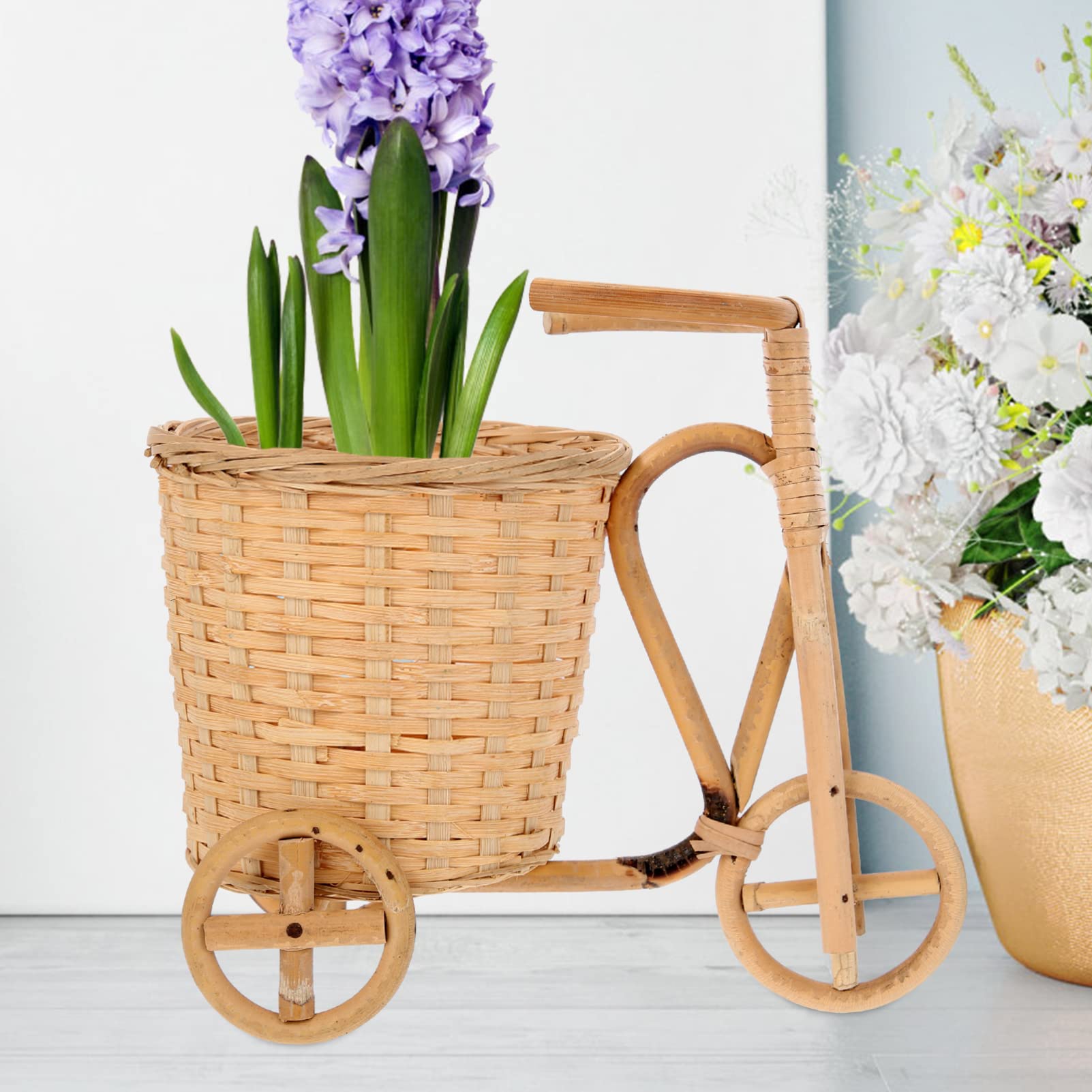 GANAZONO Bamboo Woven Flower Basket - Handmade Decorative Storage Organizer for Home Decor, Farmhouse Style Mini Tricycle Basket with Craft Texture - Perfect for Floral Arrangements, Bathroom Organization & Rustic Table Centerpieces