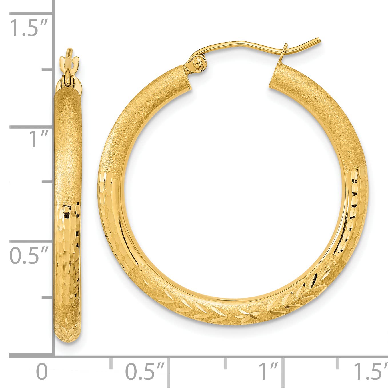 14K Yellow Gold Polished Satin & Diamond-Cut Hoop Earrings for Women | 32.28mm Elegant Hoops | Perfect for Parties, Weddings & Everyday Wear