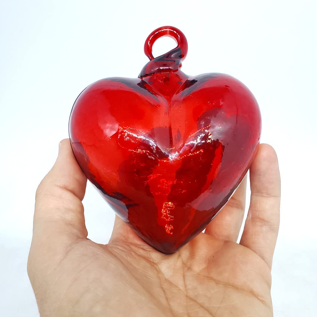 Red Hanging Glass Hearts Set of 6 - Handmade Recycled Blown Glass Decor in 3 Sizes - Perfect for Valentine's Day, Wedding Decorations & Home Wall Ornaments