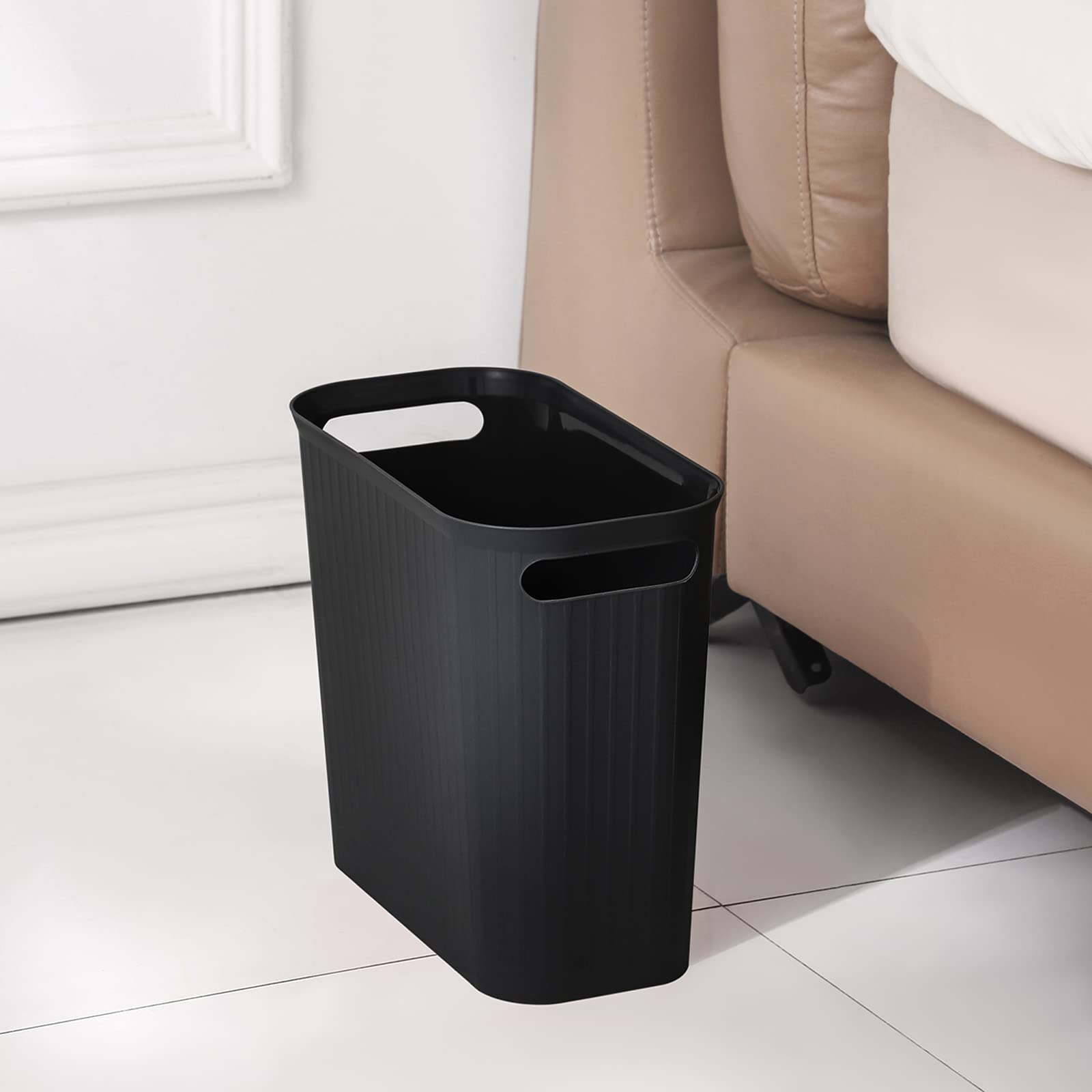 Rejomiik 3.5 Gallon Slim Plastic Trash Can with Handles - Small Waste Basket for Bathroom, Bedroom, Office, Kitchen & Dorm - Space-Saving Rectangular Garbage Bin (Black) | Perfect for Tight Spaces & Home Organization
