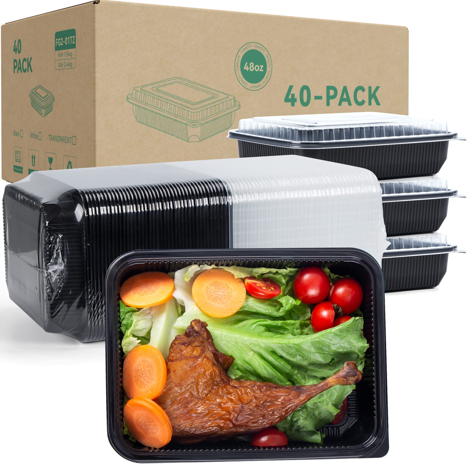 Eco-Friendly 48oz BPA-Free Reusable Takeout Containers - 40 Pack (40 Trays + 40 Lids) | Microwave & Dishwasher Safe | Perfect for Meal Prep, Leftovers & Food Storage | Commercial & Home Use