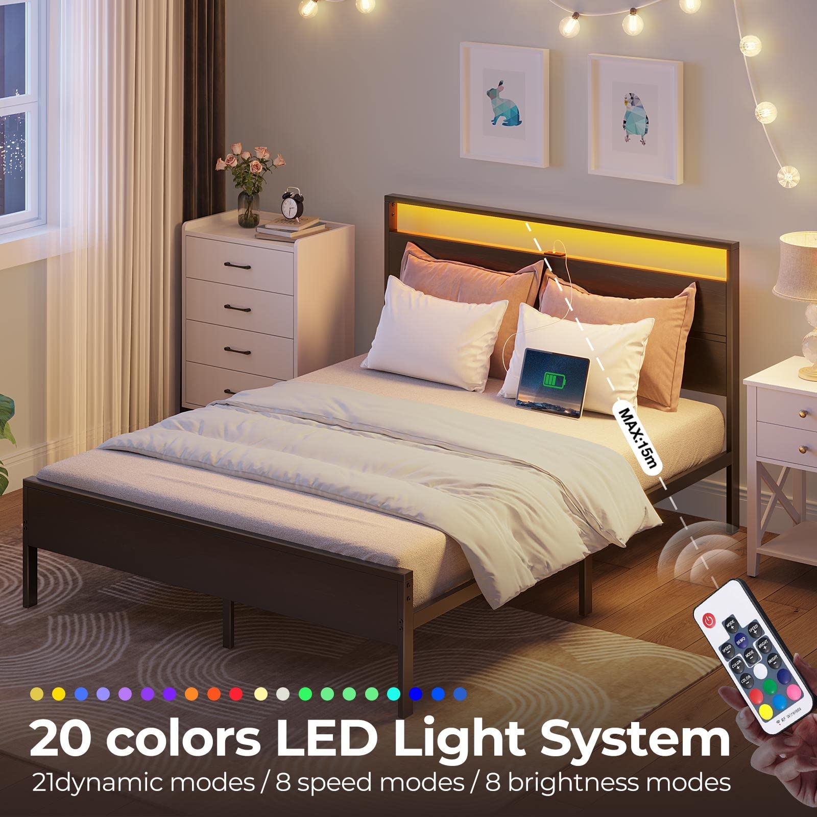 Rolanstar Queen Bed Frame with USB Charging Station & LED Headboard - Sturdy Metal Platform, Noise-Free Design, 10.2