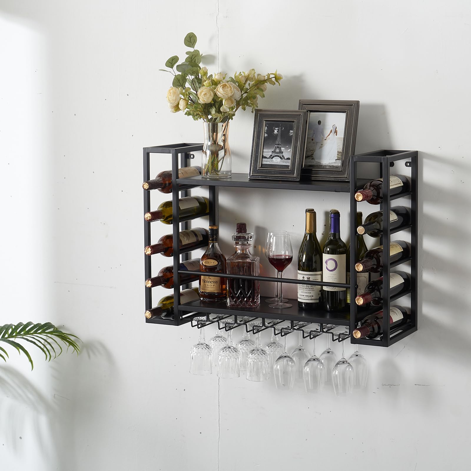 31.5 Inch Black Metal Wall Mounted Wine Rack with Glass Holder - Space Saving Wine Bottle Storage Display for Home Bar, Dining Room, Kitchen - Perfect for Entertaining Guests & Organizing Your Wine Collection