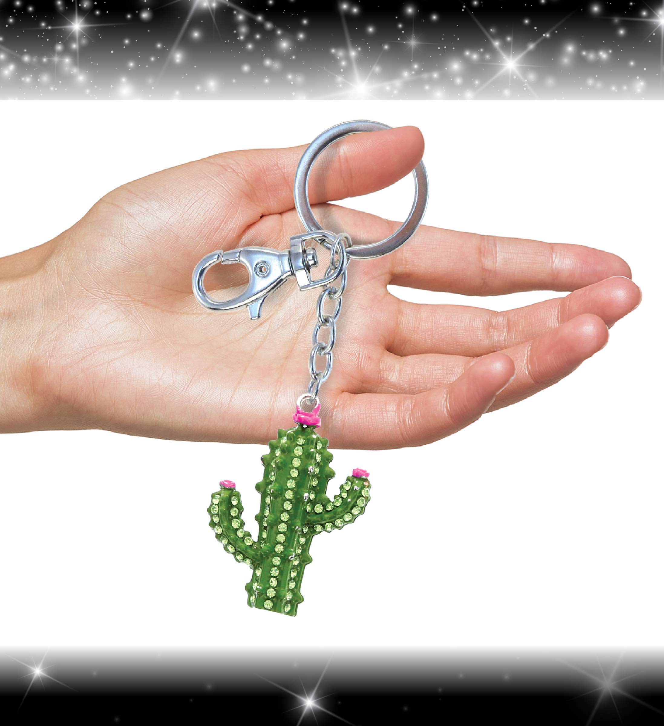 Aqua79 Silver 3D Cactus Keychain - Sparkling Rhinestone Charm, Fashionable Metal Alloy Key Ring with Clasp | Durable Crystal Jewelry Accessory for Women, Girls, Party, Gift Giving, Handbag Decoration