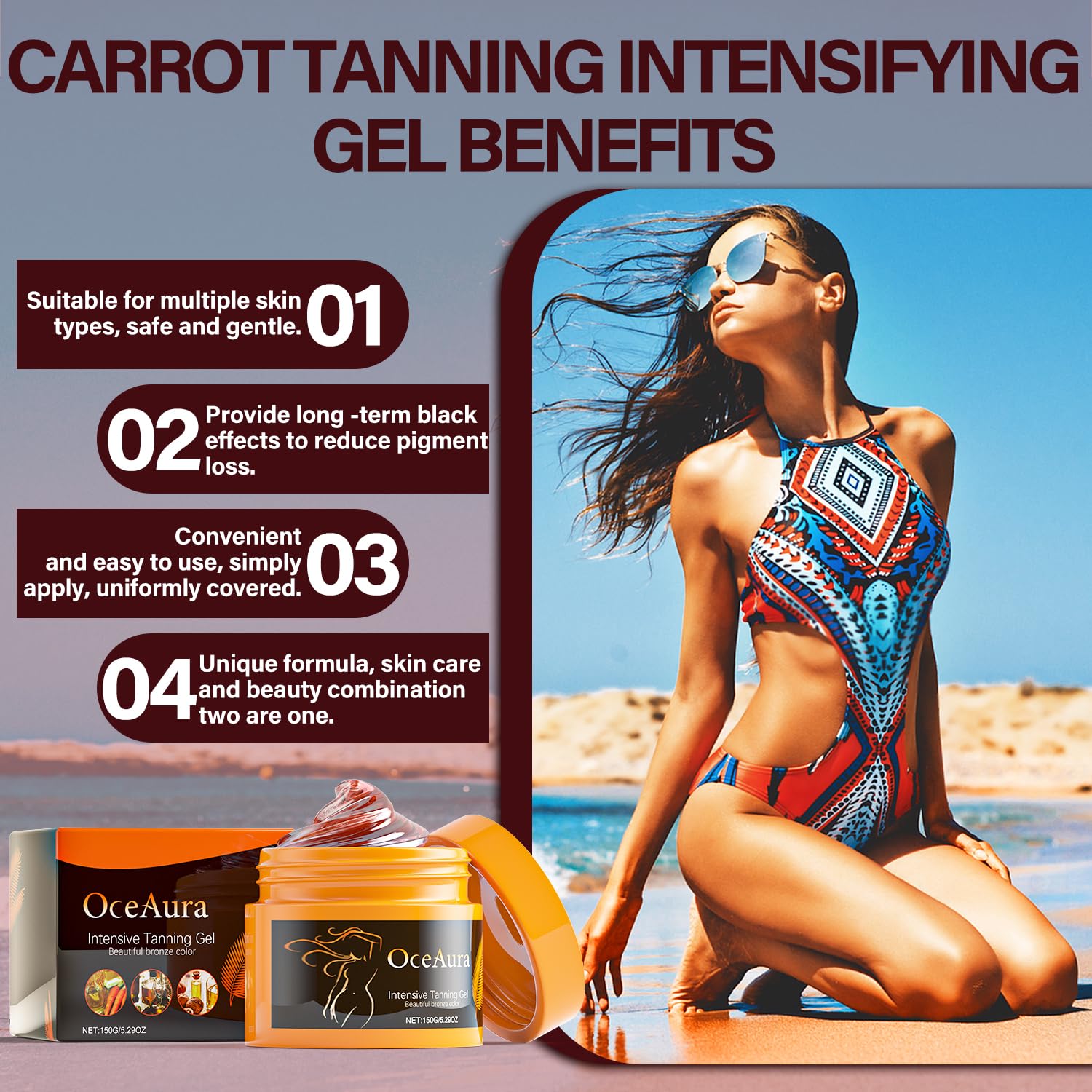 Best Intensive Tanning Gel for Instant Sunless Tan - Water-Resistant Self Tanner with Carrot & Coconut Oil - Enriched with Vitamin A & E for Deep Hydration - Perfect for Beach, Pool & Vacation Glow
