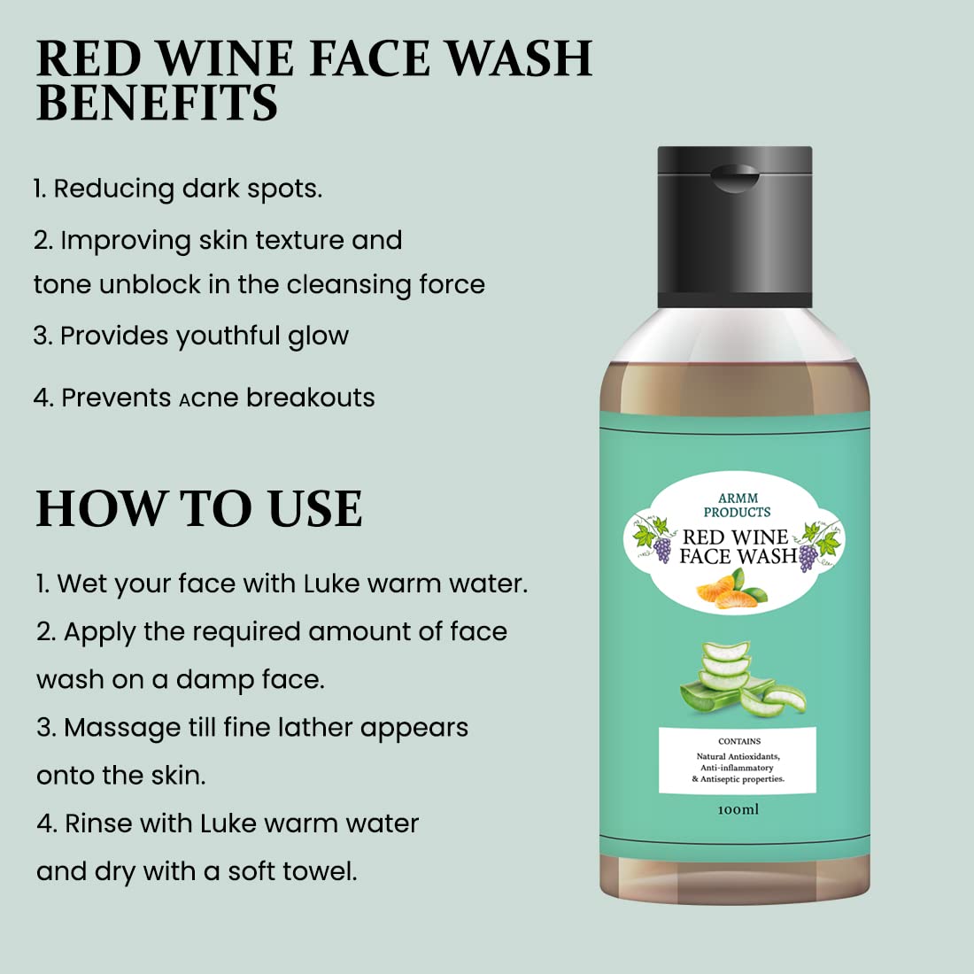 ARMM Anti-Aging Red Wine Facial Cleanser - Exfoliating & Nourishing Daily Face Wash for Men & Women | 100ml (Pack of 2) | Perfect for Morning & Night Skincare Routine