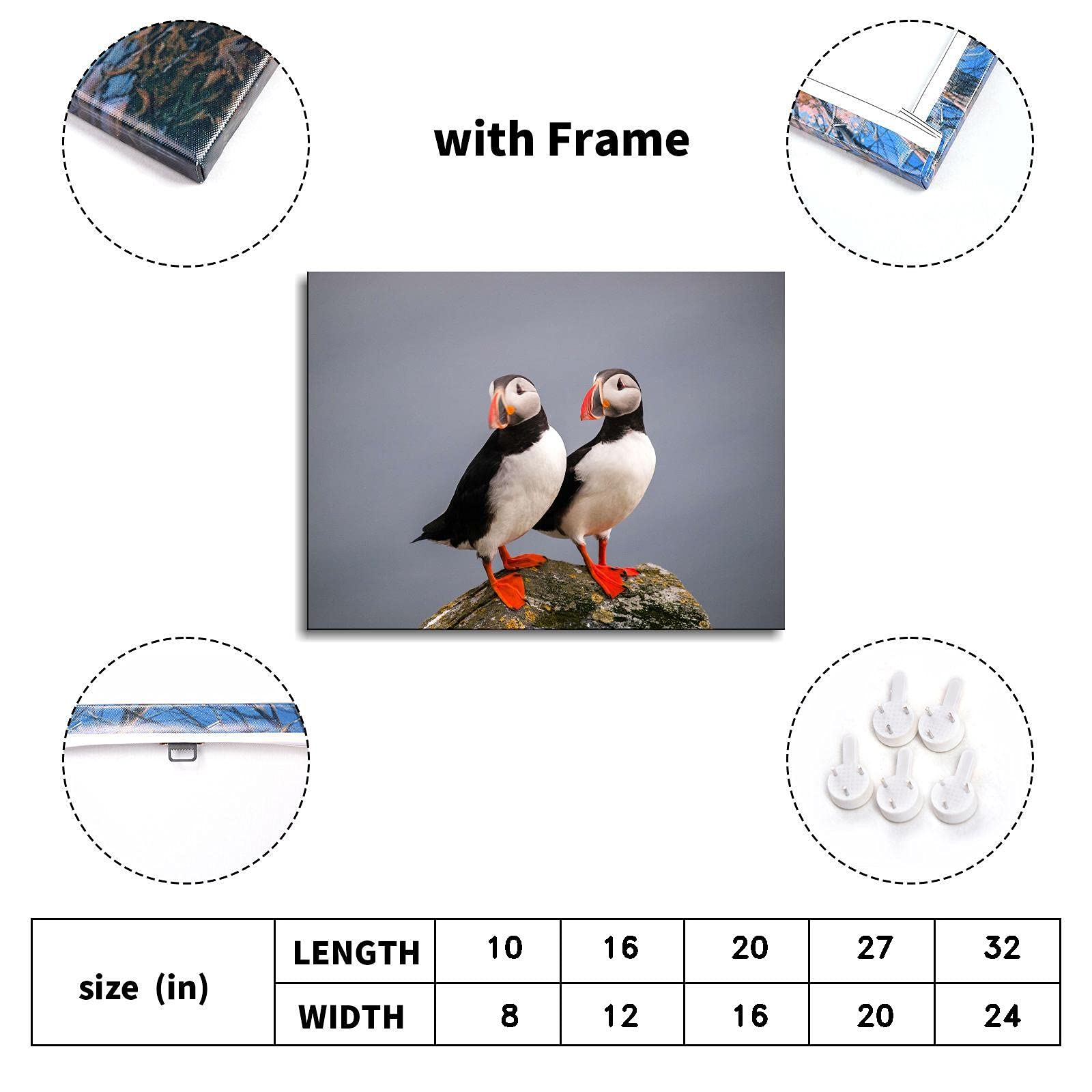 Cute Atlantic Puffin Bird Wildlife Poster - Premium Canvas Print Wall Art (32x24 Inches Framed) for Home & Office Decor - Perfect for Living Room, Bedroom or Gift
