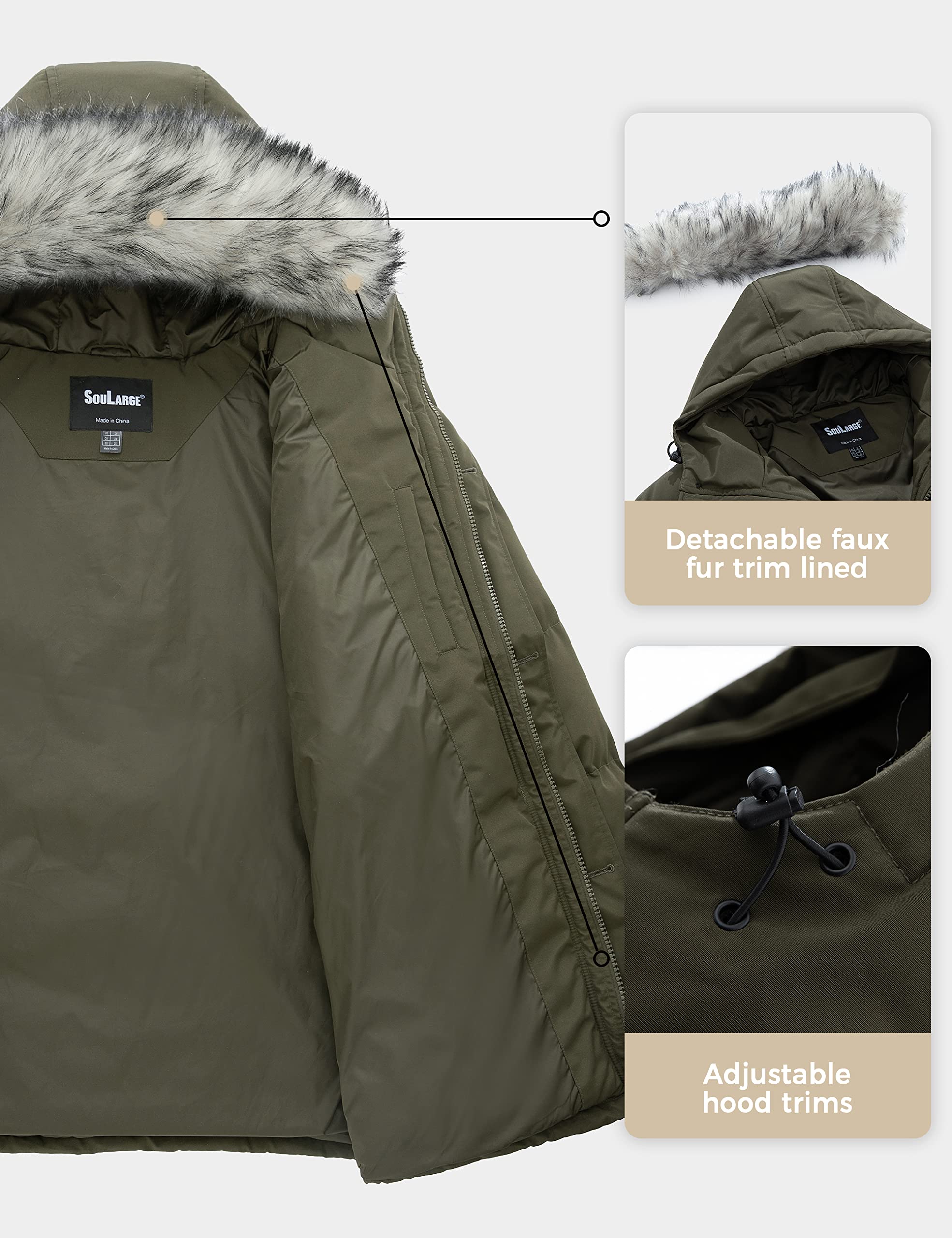 Soularge Men's Big & Tall Thick Padded Winter Parka Jacket with Detachable Hood - Warm Heavy Duty Coat for Snow, Hiking & Outdoor Activities