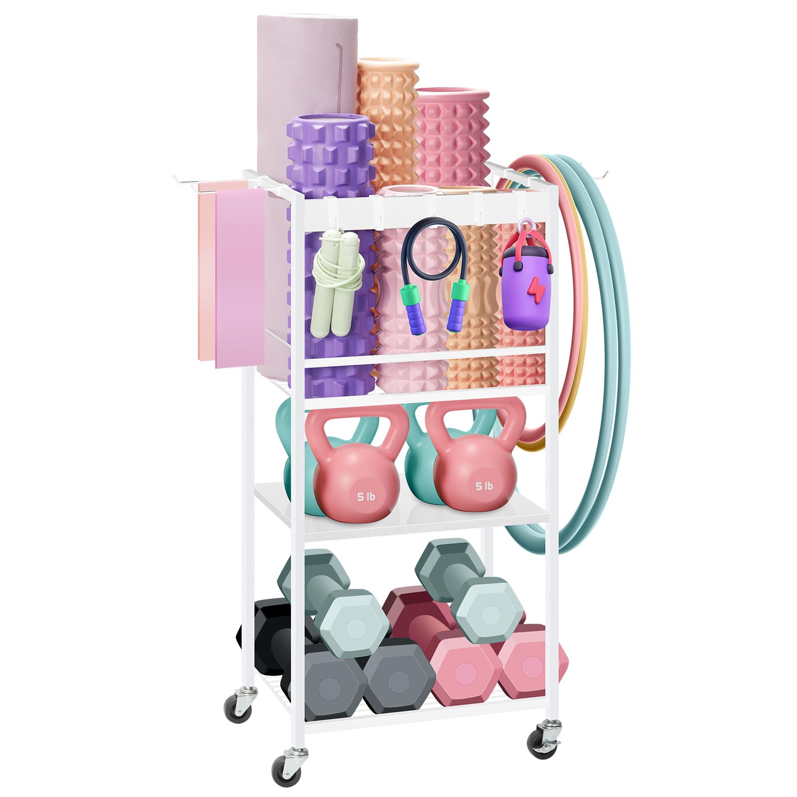 Home Gym Storage Rack with Wheels & Hooks - Yoga Mat Organizer for Dumbbells, Kettlebells, Resistance Bands & Foam Rollers - Space-Saving Workout Equipment Shelf for Yoga Ball Storage - Perfect for Home Gym, Garage & Small Fitness Spaces