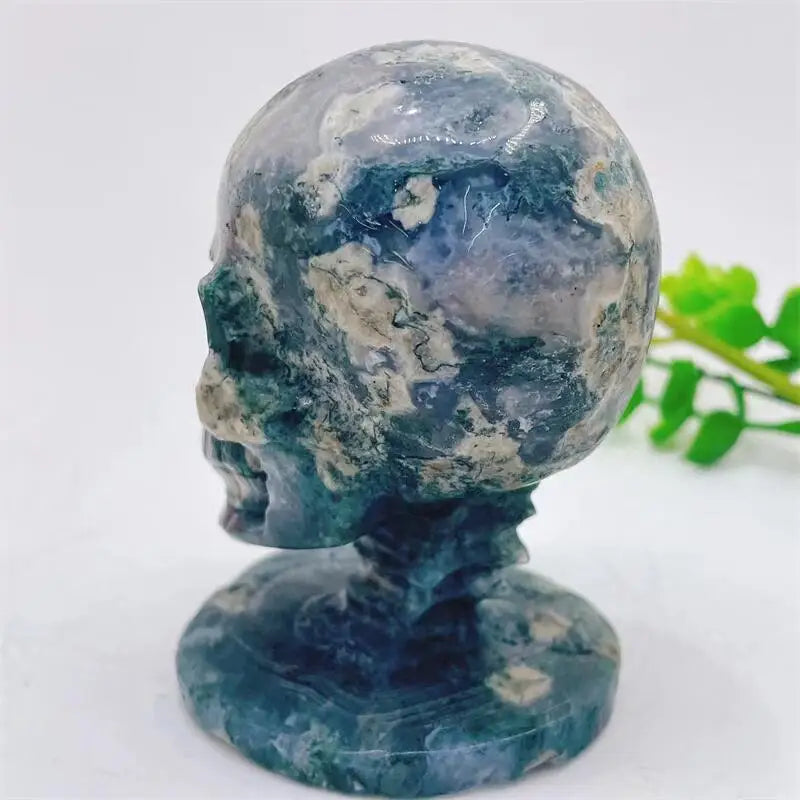 Natural Moss Agate Skull Carving - Handmade Gemstone Wizard Decor for Home, Office & Meditation | Healing Crystal Collection | Unique Spiritual Gift for Men & Women (1 Piece) | Perfect for Yoga Rooms, Altars & Gothic Decor